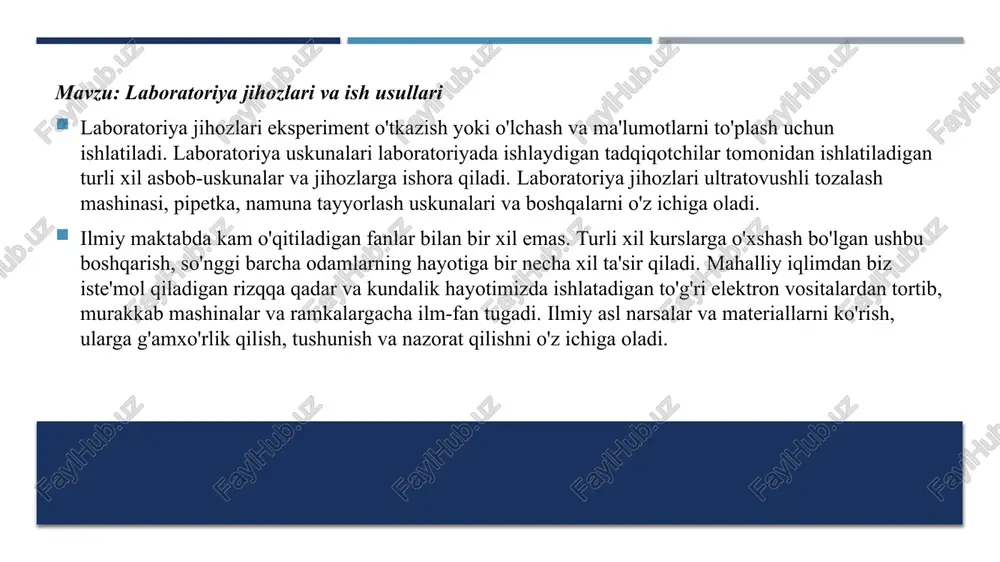 rni oshirish uchun turli xil vositalardan foydalanish va turli xil narsalarni turli xil tizimlar yordamida sinab ko'rish uchun understudies qilinadi. ilmiy-tadqiqot markazining uskunalari bilan tanishishni taklif qilgan holda, mantiqan ziddiyatni qanday qilish kerakligi ko'rsatilgan. tadqiqotchilar, mutaxassislar va terapevtlarning yangi va kelgusi yoshini belgilashda yordam beradigan muhim imtiyozlarning bir qismi bo'lib, ularda etakchi tekshiruvlar va ularni qat'iy tekshirish, qonuniy fikrlashni shakllantirish va ilmiy fikrlarga javob berishdir. 3 4 laboratoriya jihozlarining bir nechta toifalari va ularning afzalliklari mavjud. 1. namunani qayta ishlash - maydalash, bir hil holga keltirish, bir hil holga keltirish, tarqalish ultrasonik prob gomogenizatori, ultratovushli disperser, ultratovushli ekstraktor, ultratovush ekstraktor, kontaktsiz ultratovushli homogenizator, yuqori tezlikda tarqalgan disperser (yozilgan), elektr oynali gomogenizator (silliqlash), yuqori o'tkazuvchan to'qima maydalagich (to'p silliqlash), aseptik gomogenizator (slap turi homogenizator) , yuqori bosimli hujayrali maydalagich, yuqori bosimli homogenizator 5 2. molekulyar biologiya asboblari - gen o'tkazuvchanligi genlarni o'tkazish texnologiyasi (gen tabancası), bakteriyalarni ultrasonik dispersiyasi, elektrotransformator (genni kiritish …