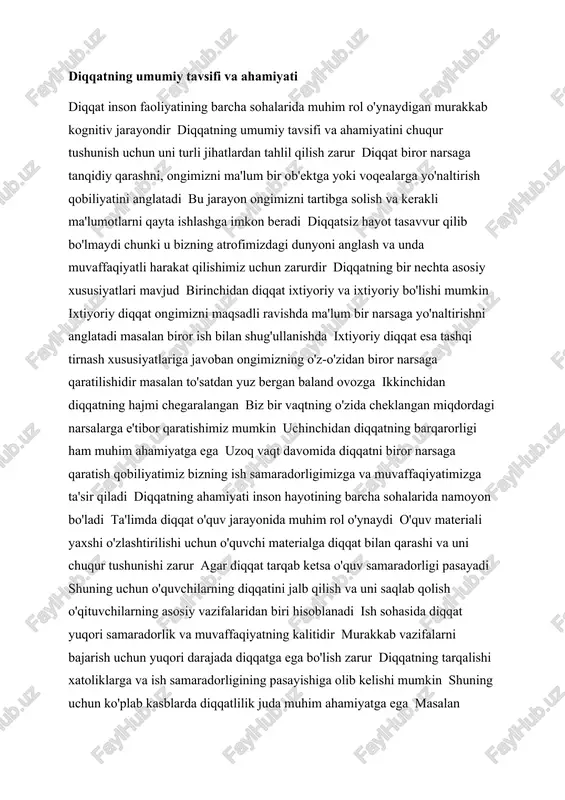 at tarqab ketsa o'quv samaradorligi pasayadi shuning uchun o'quvchilarning diqqatini jalb qilish va uni saqlab qolish o'qituvchilarning asosiy vazifalaridan biri hisoblanadi ish sohasida diqqat yuqori samaradorlik va muvaffaqiyatning kalitidir murakkab vazifalarni bajarish uchun yuqori darajada diqqatga ega bo'lish zarur diqqatning tarqalishi xatoliklarga va ish samaradorligining pasayishiga olib kelishi mumkin shuning uchun ko'plab kasblarda diqqatlilik juda muhim ahamiyatga ega masalan jarrohlar hayotga xavf soladigan operatsiyalarni bajarishda yuqori darajada diqqatga ega bo'lishlari kerak haydovchilar yo'l harakati qoidalariga rioya qilish va xavfsizlikni ta'minlash uchun diqqatli bo'lishlari shart ijtimoiy munosabatlarda diqqat muloqotning muhim elementidir suhbatdoshingizga diqqat bilan quloq solmasangiz muloqot samarali bo'lmaydi suhbatdoshingizning so'zlarini tinglash va unga javob berish uchun diqqatlilik zarur diqqatlilik insonlararo munosabatlarni mustahkamlash va tushunishni yaxshilashga yordam beradi diqqatning buzilishi turli xil salbiy oqibatlarga olib kelishi mumkin diqqatning etishmasligi o'qishda qiyinchiliklarga olib kelishi mumkin ish samaradorligini pasaytiradi va ijtimoiy munosabatlarda muammolarga sabab bo'ladi diqqatning buzilishi hayot sifatiga salbiy ta'sir qiladi shuning …