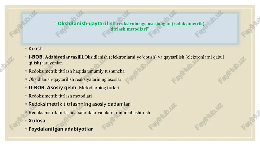 h usullarining amaliyotdagi ahamiyati juda katta: atrof-muhit tahlillari: redoks titrlash metodlari ekologik monitoringda, ayniqsa, suv resurslaridagi ifloslanishning tahlilida qo‘llaniladi. misol uchun, kaliy permanganat yordamida suvda mavjud oksidlovchi moddalar tahlil qilinadi. farmatsevtika sanoati: preparatlarning tarkibidagi faollik ko‘rsatkichi va ularning oksidlanish yoki qaytarilish jarayonlari titrlash yordamida aniqlanadi. sanoat va ishlab chiqarish: kimyoviy ishlab chiqarishlarda xom ashyo yoki yakuniy mahsulotning sifatini tekshirishda redoksimetrik titrlashlardan foydalaniladi. oksidlanish-qaytarilish reaksiyalariga asoslangan titrlash metodlarining dolzarbligi, ularning takomillashuvi va yangi texnologiyalar bilan integratsiyasi bilan yanada oshadi. rivojlangan sensorlar, avtomatlashtirilgan tizimlar va kompyuter yordamida analiz qilish usullari titrlash metodlarini yanada samarali qiladi. shuningdek, ushbu metodlarning yangi sanoat sohalarida qo‘llanilishi, ularni yanada dolzarblashgan qiladi. kurs ishining dolzarbligi, oksidlanish-qaytarilish reaksiyalariga asoslangan redoksimetrik titrlash metodlarining keng qo‘llanilishi, aniq va ishonchli tahlillarni ta’minlashi va sanoat, ekologiya hamda tibbiyotdagi ahamiyatini tasdiqlaydi. ushbu metodlar ilmiy tahlil va amaliy laboratoriya ishlarida katta rol o‘ynaydi. redoksimetrik titrlash metodlarining nazariy asoslarini o‘rganish: oksidlanish va qaytarilish reaktsiyalarining kimyoviy jarayonlarini …