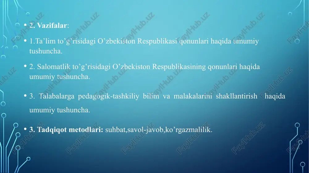 ni tahririda — qonunchilik ma’lumotlari milliy bazasi, 21.04.2021-y., 03/21/683/0375-son) o‘zbekiston respublikasi konstitutsiyasining 15-moddasi. 3-modda. asosiy tushunchalar ushbu qonunda quyidagi asosiy tushunchalar qo‘llaniladi: davlat akkreditatsiyasi — davlat ta’lim muassasalari va tashkilotlari, shuningdek nodavlat ta’lim tashkilotlari (bundan buyon matnda ta’lim tashkilotlari deb yuritiladi) faoliyatining davlat ta’lim standartlari va davlat ta’lim talablariga hamda o‘quv dasturlariga muvofiqligining davlat tomonidan e’tirof etilishi hamda ularning bitiruvchilariga ma’lumot to‘g‘risidagi hujjatlarni topshirish huquqining taqdim etilishidan iborat jarayon; davlat ta’lim muassasasi — davlat hokimiyati va boshqaruvi organlari tomonidan davlat mulki bo‘lgan mol-mulk negizida tashkil etilgan, davlat ta’lim standartlariga va davlat ta’lim talablariga muvofiq ta’lim beradigan muassasa; davlat ta’lim standartlari — davlat tomonidan ta’limning mazmuni va sifatiga nisbatan belgilanadigan talablar majmui; ; davlat ta’lim talablari — ta’limning tuzilmasiga, mazmuniga va uni amalga oshirish shart-sharoitlariga, shuningdek ta’lim oluvchilarning jismoniy, shaxsiy, intellektual, ilmiy hamda kasbiy sifatlariga qo‘yiladigan majburiy talablar; malaka — shaxsning kasbiy faoliyatning muayyan turini bajarishga tayyorgarligini ifodalaydigan, ma’lumot to‘g‘risidagi tegishli …