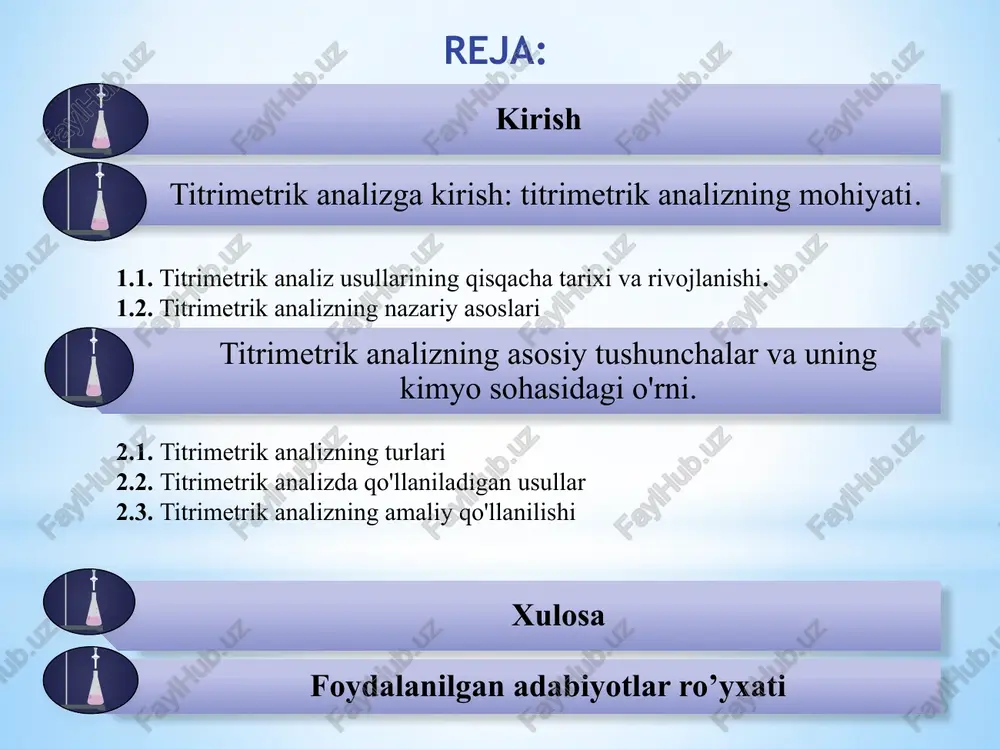 tortib, farmatsevtika, tibbiyot, ekologiya va oziq-ovqat sanoatiga qadar bir qancha sohalarda qo‘llaniladi. ularning asosiy amaliy qo‘llanilishi moddalarning konsentratsiyasini aniqlash, mahsulotlarning sifatini nazorat qilish va atrof-muhitni monitoring qilish kabi vazifalarni o‘z ichiga oladi. kurs ishining maqsadi va vazifasi: titrimetrik analiz - bu moddalarning konsentratsiyalarini aniqlash usulidir, bunda bir moddaning ma'lum miqdori boshqa moddaning reaksiyasi orqali aniqlanadi. ushbu kurs ishida titrimetrik analizning asosiy turlari, uning nazariy asoslari va amaliyotda qo'llanilishi batafsil ko'rib chiqiladi. kurs ishining dolzarbligi: titrimetrik analiz — bu kimyoviy reaktsiyalarni qo'llab, bir moddaning konsentratsiyasini aniqlash usulidir. bu jarayonda bir modda (titrant) ma'lum miqdorda qo‘shilib, boshqa modda (analiz) bilan reaksiyaga kirishadi. reaksiya tugagach, titrantning ishlatilgan miqdori yordamida analizning konsentratsiyasi hisoblanadi. titrimetrik analizda ekvivalent nuqtaga erishilganida, moddalarning to‘liq reaksiyaga kirishishi aniqlanadi. bu usul asosan kislotalar va asoslar, oksidlanish-reduksiyalanish reaktsiyalari, kompleks hosil qilish va pretsipitatsiya reaktsiyalarini o'z ichiga oladi. shuningdek, titrimetrik analizning amaliy qo‘llanilishi davomida yuzaga keladigan turli muammolarni hal qilishda ilg‘or metod …