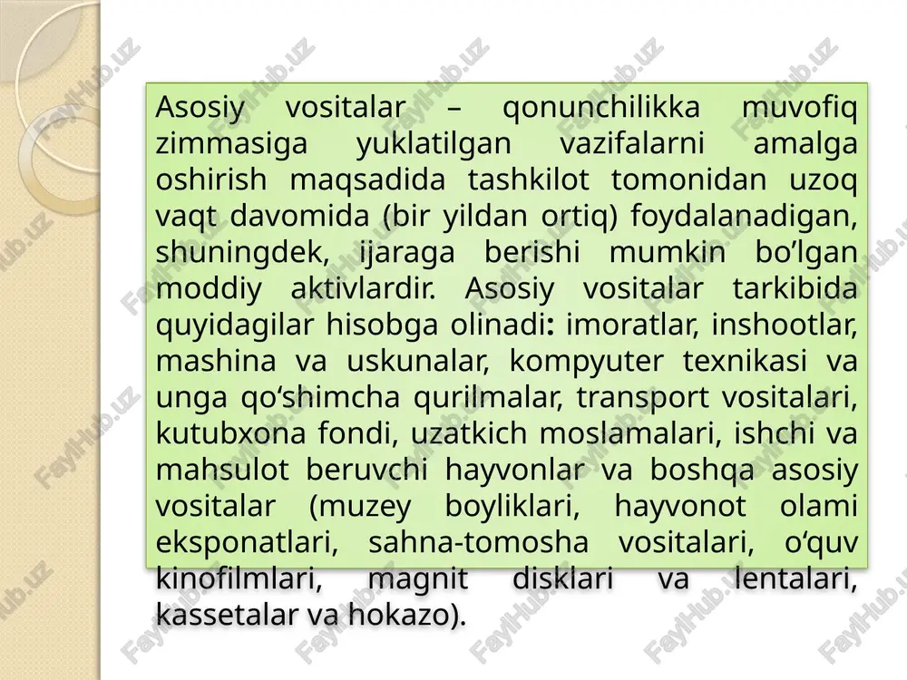 larni etkazib berish (qurish) xatarini sug’urtalash bo’yicha xarajatlar; - asosiy vositalar ob’ektini sotgan vositachilarga to’lanadigan haqlar; - asosiy vositalarni o’rnatish, montaj qilish, sozlash va ishga tushirishga oid xarajatlar; - aktivdan foydalanish uchun uni ishchi holatga keltirish bilan bevosita bog’liq bo’lgan boshqa xarajatlar. asosiy vositalar kirimini buxgalteriya xujjatlarida aks ettirilishi asosiy vositalarni kirimiga oid boshlang'ich xujjatlar (yuk xati va boshqalar) av-1 shakldagi byudjet tashkilotlarida asosiy vositalarni qabul qilish-topshirish to'g'risida dalolatnoma av-3-son shakldagi qo'shimcha qurilgan, qo'shimcha asbob-uskunalar bilan jihozlangan, rekonstruktsiya yoki modernizatsiya qilingan asosiy vositalarni qabul qilish-topshirish bo'yicha dalolatnoma av-6, av-8, av-9 – son shakldagi inventar kartochkalar av-10 shakldagi inventar kartochkalar ro'yxati 274 – son shakldagi 6-memorial order 308 – son shakldagi bosh jurnal kitobi hisobot shakllari ( balans, 5-son shakldagi nomoliyaviy aktivlar xarakati to'g'risida hisobot va boshqalar) № muomalalar mazmuni dt kt asos bo'luvchi xujjat oldi-sotdi shartnomasi bo'yicha ob'ektni sotib olish 1. asosiy vositalar sotib olinganda: a) sotib olingan asosiy vositalarning …