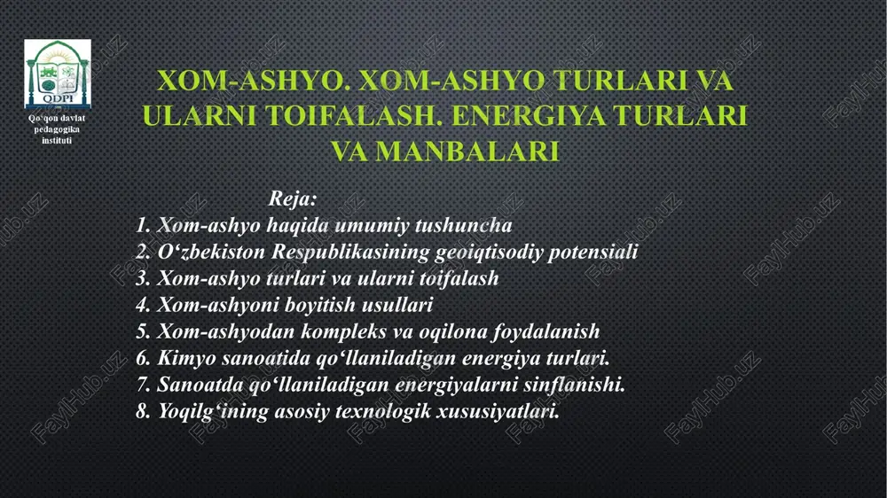 kiston noyob yoqilgʻi-energetika resurslariga ega. gaz zahiralari 2·1012 m3 ga, koʻmir 2 milliard tonna, 160 ta neft koni mavjud. neft va gaz mavjud boʻlgan beshta asosiy mintaqani ajratib koʻrsatish mumkin: ustyurt, buxoro-xiva, janubiy-gʻarbiy hisor, surxondaryo, fargʻona. neft va gaz zahiralari 1 trillion aqsh dollaridan ortiqroqdir. eng yirik gaz konlari janubiy-gʻarbiy hisor va buxoro-xiva neft va gazli mintaqalarida joylashgan boʻlib, bular shoʻrton va muborak guruhlariga kiruvchi konlardir. koʻmir angren va boysun konlaridan qazib olinmoqda. xom-ashyo turlari va ularni toifalash xom ashyo keng miqyosda iste’mol buyumlari hamda ishlab chiqarish mahsulotlari olish uchun ishlatiladigan materiallardan iborat boʻlib, u quyidagi talablarga javob berishi kerak: 1. miqdor jihatdan etarli darajada boʻlishi; 2. oson qazib olinishi va arzon boʻlishi; 3. uni qayta ishlashning texnologik jarayonlari sodda borishi kerak. ma’lumki, sanoatda mahsulot ishlab chiqarish uchun sarflanadigan umumiy xarajatlarning 70-80%ini shu jarayonda ishlatiladigan xomashyo, yarim mahsulot, yordamchi materiallar tashkil etadi. xom-ashyo turlari va ularni toifalash kimyo sanoatining xom …