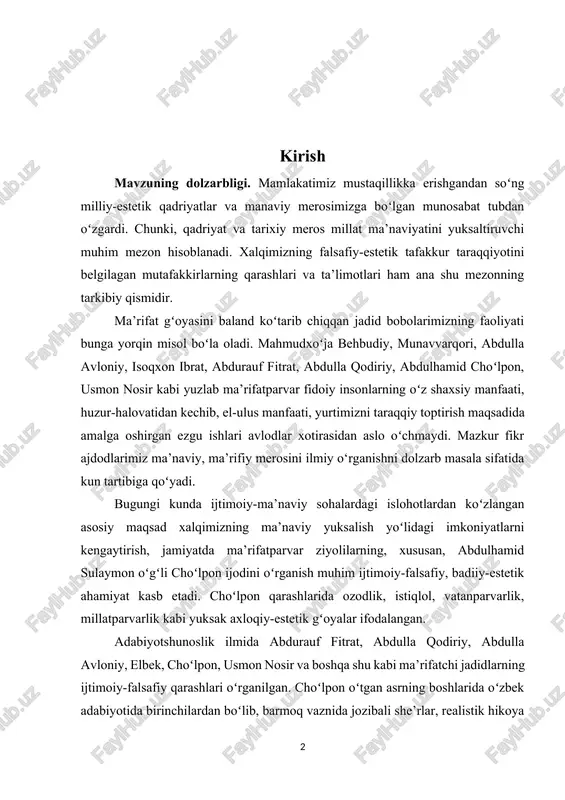la qodiriy, abdulla avloniy, elbek, choʻlpon, usmon nosir va boshqa shu kabi ma’rifatchi jadidlarning ijtimoiy-falsafiy qarashlari oʻrganilgan. choʻlpon oʻtgan asrning boshlarida oʻzbek adabiyotida birinchilardan boʻlib, barmoq vaznida jozibali she’rlar, realistik hikoya hamda roman yozgan ijodkor. biroq uning ijodini faqat poeziya bilan chegaralash mumkin emas. u bir vaqtning oʻzida ham shoir, ham dramaturg, ham nosir hamda adabiy tanqidchi sifatida ham ijod qildi[footnoteref:1]. [1: karimov i. a. yuksak ma’naviyat –yengilmas kuch. toshkent: ma’naviyat nashriyoti, 2008 y. – 176 b.] adabiyot shakllana boshlashi bilan ma’naviyat tushunchasiga ham alohida e’tobor qaratildi. “ma’naviyat–bu, avvalo, insonlar oʻrtasida oʻzaro ishonch, hurmat, e’tibor, xalq va davlat kelajagini birgalikda qurish yoʻlidagi ezgu intilishlar, ibratli fazilatlardir. bir soʻz bilan aytganda, ma’naviyat–jamiyatdagi barcha siyosiy-ijtimoiy munosabatlarning mazmuni va sifatini belgilaydigan poydevordir. bu poydevorni qurishda biz, avvalo, milliy adabiyotimizga suyanamiz, tayanamiz”[footnoteref:2]. [2: shavkat mirziyoyev. insonparvarlik, ezgulik va bunyodkorlik-milliy gʻoyamizning poydevoridir.-toshkent: tasvir, 2021.-b.13] abdulhamid choʻlpon ijodining gʻoyaviy asoslari xalqni ma’rifatli qilish, badiiy dunyoqarashini boyitish, …