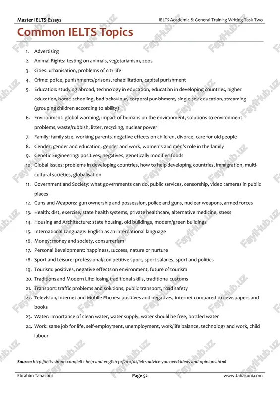 modern life: losing traditional skills, traditional customs 21. transport: traffic problems and solutions, public transport, road safety 22. television, internet and mobile phones: positives and negatives, internet compared to newspapers and books 23. water: importance of clean water, water supply, water should be free, bottled water 24. work: same job for life, self-employment, unemployment, work/life balance, technology and work, child labour source: http://ielts-simon.com/ielts-help-and-english-pr/2011/02/ielts-advice-you-need-ideas-and-opinions.html master ielts essays ielts academic & general training writing task two ebrahim tahasoni page 53 www.tahasoni.com 1. advertising positives of advertising advertising is a key part of modern business companies need to tell customers about their products advertisements inform us about the choices we have advertising is a creative industry that employs many people without advertising we would have less choice without advertising there would be higher unemployment advertising is a form of modern art people enjoy adverts negatives of advertising advertising manipulates people it aims to …