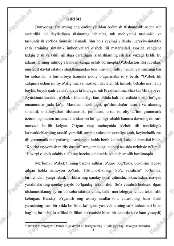 tayyorlash milliy dasturi” ning amaldagi tadbiqi asosida uzluksiz ta’limda “hozirgi o‘zbek adabiy tili”ning barcha sohalarida izlanishlar olib borilmoqda. [1: shavkat mirziyoyev- o‘zbek tiliga davlat tili berilganining 30-yilligiga bag‘ishlangan tadbirdan] ma’lumki, o‘zbek tilining barcha sathlari o‘zaro bog‘likda, bir-birini taqozo qilgan holda namoyon bo‘ladi. tilshunoslikning “so‘z yasalishi” bo‘limida, birinchidan, yangi leksik birliklarning qanday hosil qilinishi, ikkinchidan, mavjud yasalmalarning qanday paydo bo‘lganligi tekshirilidi. so‘z yasalish hodisasi ilgari tilshunoslikning ayrim bir soha sifatida emas, balki morfologiya ichida tekshirilib kelingan. bunday o‘rganish eng asosiy usullar-so‘z yasashning ham shakl yasashning ham bir xilda bo‘lishi, ko‘pgina yasovchilarning so‘z turkumlari bilan bog‘liq bo‘lishi(-la affiksi fe’llikni ko‘rsatishi bilan bir qatorda so‘z ham yasaydi) bir qadar chalkashliklarga olib kelardi.shunga ko‘ra, keying vaqtlarda nashr etilayotgan ishlarda, hatto ayrim maktab darslikarida ham so‘z yasalishi til fanining mustaqil qismi sifatida morfologiyadan ajratib, alohida bo‘lim sifatida berilmoqda. bizning mazkur kurs ishimizning tadqiqot obyekti bo‘lgan so‘z yasalishiga taalluqli bo‘lgan barcha masalalarni imkon darajasida yoritib berishga …