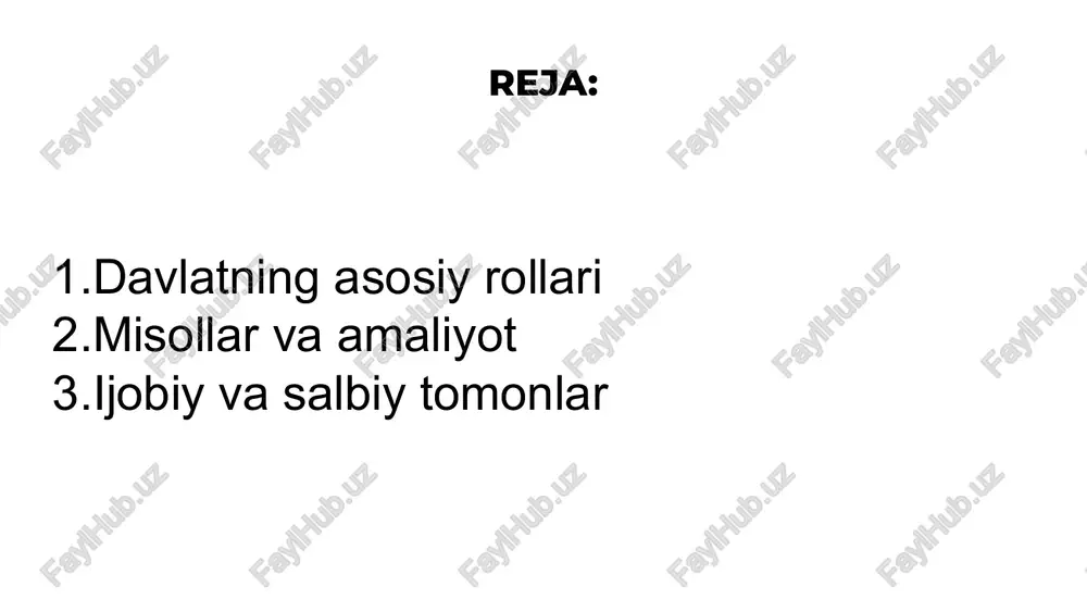 keting va moliya bo‘yicha kurslar ochiladi. bu yosh tadbirkorlarni tayyorlashga yordam beradi va innovatsiyalarni rag‘batlantiradi. misol uchun, ko‘plab mamlakatlarda davlat tomonidan moliyalashtirilgan inkubatorlar va akseleratorlar mavjud, ular yangi g‘oyalarni rivojlantirishga ko‘maklashadi regulyatsiya va nazorat davlat qonunlar va qoidalarni ishlab chiqish orqali biznes muhitini tartibga soladi. bu monopoliyalarni oldini olish, iste’molchilar huquqlarini himoya qilish va atrof-muhit standartlarini ta’minlashni o‘z ichiga oladi. biroq, ortiqcha byurokratiya tadbirkorlikni to‘sqinlik qilishi mumkin, shuning uchun qoidalarni soddalashtirish muhim. masalan, 2024-yilda ko‘plab mamlakatlar biznesni ro‘yxatga olish jarayonini raqamlashtirib, vaqtni qisqartirdi. ilmiy-tadqiqot va innovatsiyalarni qo‘llab-quvvatlash . davlat ilmiy-tadqiqot ishlariga sarmoya kiritib, tadbirkorlarga yangi texnologiyalarni joriy etishga yordam beradi. bu patent himoyasi, texnoparklar va startap ekotizimlarini yaratish orqali amalga oshiriladi. xalqaro savdo va eksportni rag‘batlantirish ham davlatning vazifasi bo‘lib, bu bizneslarni global bozorga chiqarishga yordam beradi. davlat boshqaruvining tadbirkorlikdagi ishtiroki normativ boshqaruv: qonunlar, me’yorlar va talablar orqali tartibga solish. iqtisodiy boshqaruv: soliq siyosati, bojxona to‘lovlari, investitsiya dasturlari orqali rag‘batlantirish. …