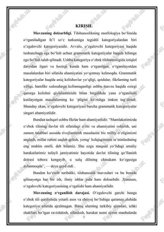 ‘zgalovchi kategoriyasining o‘rgalishi ham ahamiyatlidir. mavzuning o‘rganilish darajasi. o‘zgalovchi garchi bunga o‘zbek tili qurilishida yetarli asos va ehtiyoj bo‘lishiga qaramay,alohida kategoriya sifatida ajralmagan. biroq ularning tarkibiy qismlari, ichki shakllari bo‘lgan ravishdosh, sifatdosh, harakat nomi ayrim manbalarda kategoriya sifatida qaraladi[footnoteref:1] [1: .sayfullayeva rhozirgi adabiy o‘zbek tili. darslik.- t.,2009] r.sayfullayeva va boshqalar muallifligida tuzilgan “hozirgi o‘zbek adabiy tili” darsligi, m. sodiqova “fe’l stilistikasi” va boshqalarda ham ma’lumotlar keltirilgan. bundan tashqari yana ko‘plab olimlar ham o‘z ilmiy ish va kitoblarida nisbat kategoriyasiga to‘xtalishar ekan, uning nechog‘lik ahamiyatli ekani haqida xulosa qilishimiz mumkin. kurs ishining obyekti: o‘zbek tilshunosligida nisbat kategoriyasining o‘rganilishi asoslarini yoritish jarayoni va nisbat shakllari taraqqiyotini aniqlashdan iborat. kurs ishining predmeti: o‘zbek tilshunosligida nisbat kategoriyasining o‘rganilishi uslubiy asoslari hamda ushbu jarayonni yoritishdan iborat. kurs ishining maqsadi va vazifasi: o‘zbek tilshunosligida dolzarb bo‘lgan o‘zgalovchi kategoriyasi masalasini chuqur hamda aniq o‘rganishdan iborat. o‘zbek tilshunosligida nisbat kategoriyasining o‘rganilishi mavzusini o‘rganishda ilmiy-metodik tavsiyalar ishlab chiqish va …