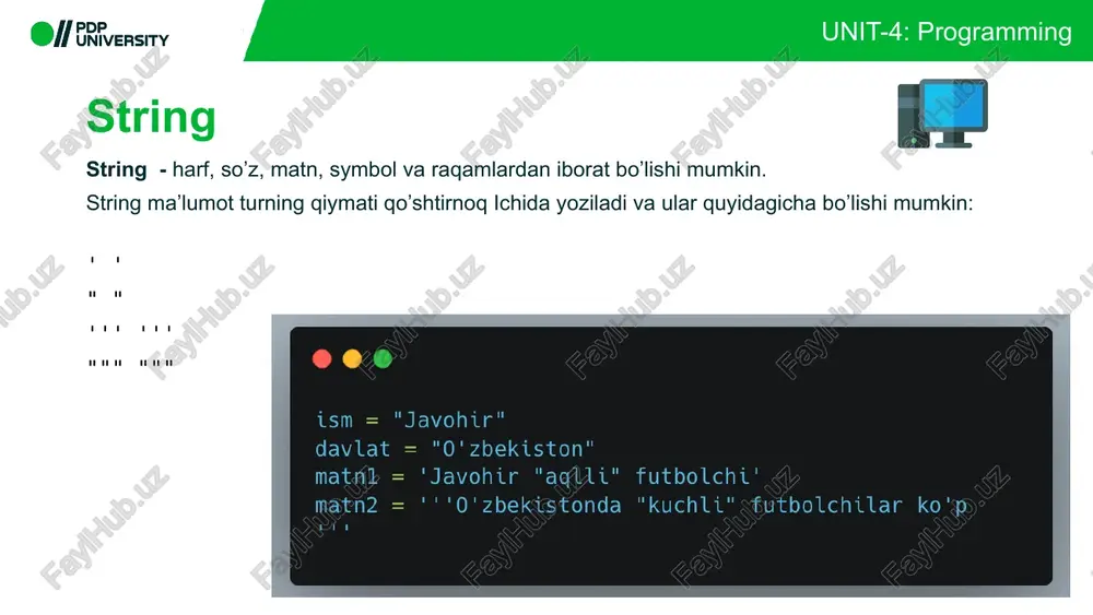 ustida + (qo’shish), - (ayirish), * (ko’paytirish) va / (bo’lish), ** (kvadrat) va boshqa ko’plab matematik amallarini bajarish mumkin unit-4: programming unit-4: programming 10 float – bu floating point number sozlarining qisqartmasi bo’lib qisqacha float deyiladi va ratsional sonlarni (2, 5, 7, 5.3, 7.9, 8.3333) yozish uchun ishlatiladi bunla ular matematikadagidek vergul emas balki nuqta bilan yoziladi unit-4: programming unit-4: programming 11 ikkita butun sonlarni bir biriga bo’lish ikkita int turidagi sonlarni bir biriga bo’lganda bo’luvchi va bo’linuvchilar int bo’lishidan va hatto natija butun son bo’lishidan qayt’iy nazar natija float bo’ladi. shuningdek int va float turidagi o’zgaruvchilar o‘rtasidagi barcha arifmetik amallar natijasi ham float bo’ladi unit-4: programming unit-4: programming 12 uzun sonlarni kiritish uzun sonlarni kiritishda qulaylik uchun raqamlarni pastki chiziq _ yordamida guruhlash mumkin. python - son tarkibidagi pastki chiziqlarni _ inobatga olmasdan, uzun sonligicha qabul qiladi. unit-4: programming unit-4: programming 13 bir nechta o’zgaruvchilarga bir qatorda qiymat berish …