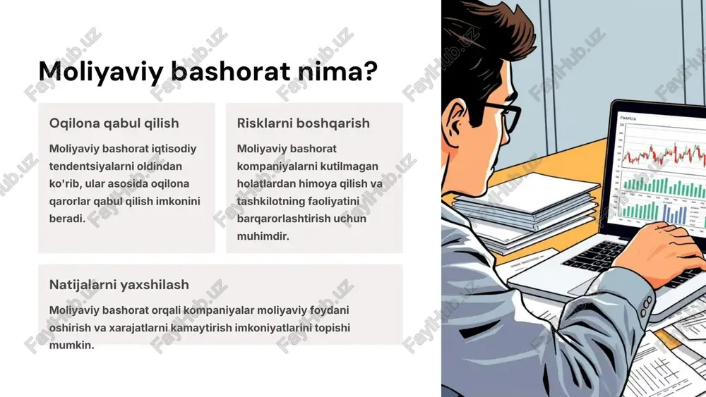 dlarni aniqlash. 2 tahlil mavjud moliyaviy ma'lumotlarni chuqur o'rganish. 3 rejalash maqsadlarga erishish uchun chora-tadbirlar rejasini ishlab chiqish. 6 moliyaviy rejalashtirish va bashorat ishlashini tadbiq etish ma'lumotlarga asoslangan qarorlar qabul qilishda statistik ma'lumotlardan foydalanish. jamoaviy yondashuv har xil bo'linmalarning yaqin hamkorligi va birgalikdagi ish. zamonaviy texnologiyalar moliyaviy rejalashtirish va bashoratda axborot texnologiyalarini qo'llash. 7 image-1002-1.png image-1-1.png image-1-2.png image-1003-1.png image-2-1.png image-1004-1.png image-3-1.png image-1005-1.png image-1006-1.png image-5-1.png image-1007-1.png image-6-1.png image-1008-1.png image-7-1.png image-7-2.png image-7-3.png image-7-4.png @ made with gamma @ made with gamma | catt bs wtatlt jah | @ made with gamma financial forecasting avalotve: cponglise inctoct data cponsptiont planning sitanctial panoganls sponignent stterghties cpomictions @ made with gamma @ made with gamma @ made with gamma financal selutinns / 1 assiess) financal > planning 7 my a dotletor monitoria @ made with gamma