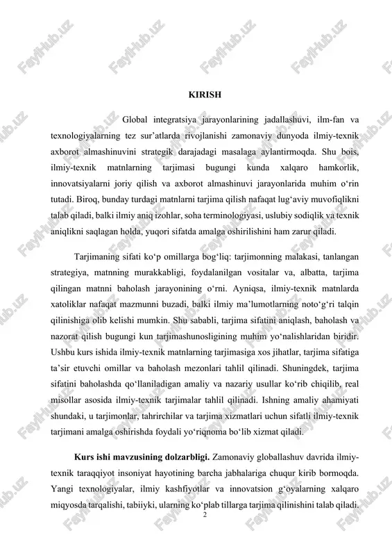 ini aniqlash, baholash va nazorat qilish bugungi kun tarjimashunosligining muhim yo‘nalishlaridan biridir. ushbu kurs ishida ilmiy-texnik matnlarning tarjimasiga xos jihatlar, tarjima sifatiga ta’sir etuvchi omillar va baholash mezonlari tahlil qilinadi. shuningdek, tarjima sifatini baholashda qo‘llaniladigan amaliy va nazariy usullar ko‘rib chiqilib, real misollar asosida ilmiy-texnik tarjimalar tahlil qilinadi. ishning amaliy ahamiyati shundaki, u tarjimonlar, tahrirchilar va tarjima xizmatlari uchun sifatli ilmiy-texnik tarjimani amalga oshirishda foydali yo‘riqnoma bo‘lib xizmat qiladi. kurs ishi mavzusining dolzarbligi. zamonaviy globallashuv davrida ilmiy-texnik taraqqiyot insoniyat hayotining barcha jabhalariga chuqur kirib bormoqda. yangi texnologiyalar, ilmiy kashfiyotlar va innovatsion g‘oyalarning xalqaro miqyosda tarqalishi, tabiiyki, ularning ko‘plab tillarga tarjima qilinishini talab qiladi. aynan ilmiy-texnik matnlarning tarjimasi bu jarayonning ajralmas bo‘lagi sifatida xizmat qiladi. biroq, bunday matnlarni tarjima qilishda faqat lingvistik bilim emas, balki tegishli soha bo‘yicha texnik, uslubiy va mantiqiy aniqlikni ta’minlay oladigan chuqur kompetensiya zarur bo‘ladi. muammoning o‘rganilganlik darajasi. ilmiy-texnik tarjimalar sohasida sifatni baholash muammosi tarjimashunoslikda dolzarb va …