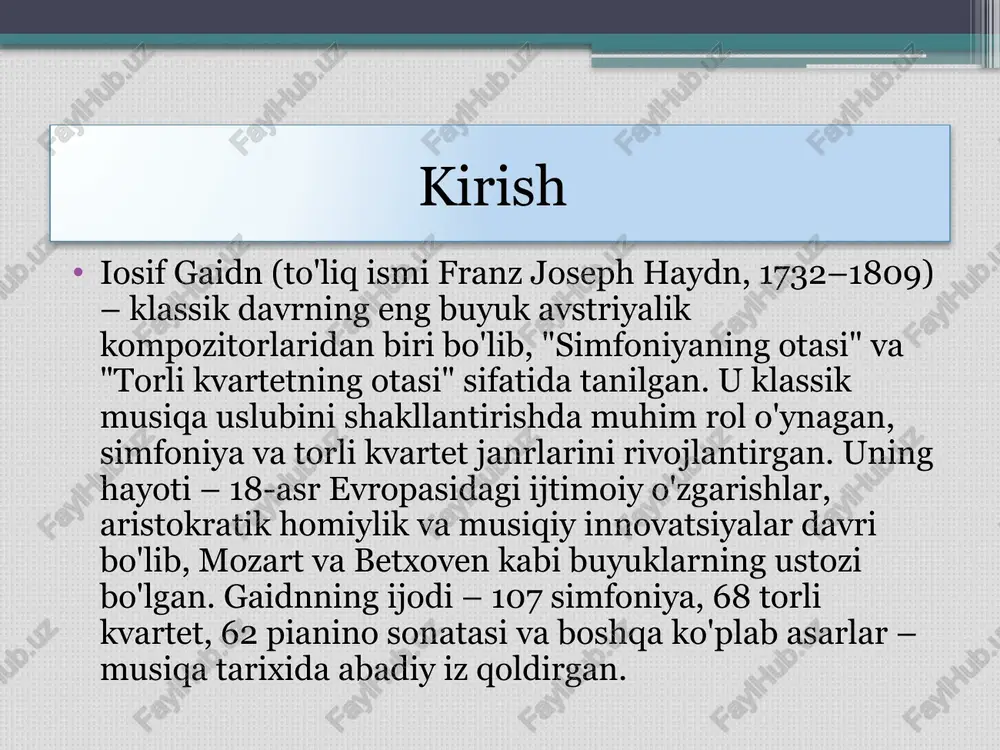 yin esa bosh musiqiy rahbar (kapellmeister) lavozimida ishlagan. esterxaza saroyida (eystadtda joylashgan) u izolyatsiyada yashagan: saroydan tashqariga chiqish cheklangan, ammo bu holat uni yangi tajriba qilishga majbur qilgan. ijodiy faoliyati va asosiy asarlari simfoniyalar: gaidn simfoniyani to'qqiz qismli shaklga aylantirgan. eng mashhurlari – "londondagi simfoniyalar" (hob.i:93–104, 1791–1795), jumladan, "sarguzashtlar simfoniyasi" (hob.i:94, "surprise" – kutilmagan baland ovoz bilan mashhur) va "tarmoqli simfoniya" (hob.i:103). parij simfoniyalari (1785–1786) ham xalqaro shuhrat qozongan. ijodiy faoliyati va asosiy asarlari oratoriyalar va diniy asarlar: 1798-yilda "yaratilish" (die schöpfung) oratoriyasi – gaidnning eng buyuk asari, handel's "messiah"dan ilhomlangan. 1801-yildagi "fasl" (die jahreszeiten) ham shuhratli. 14 massa, jumladan, "nelson's mass" (1798). "xudoning yetti so'zi" (1786) – pianino uchun instrumental versiya mashhur. - boshqa asarlar: 62 pianino sonatasi, 45 pianino triosi, 26 opera (masalan, "il mondo della luna", 1777) va "imperator madhiyasi" (1797) – hozirgi germaniya madhiyasining asosi. ta'siri va merosi gaidn – maqullanish davrining timsoli: uning musiqasi aql …