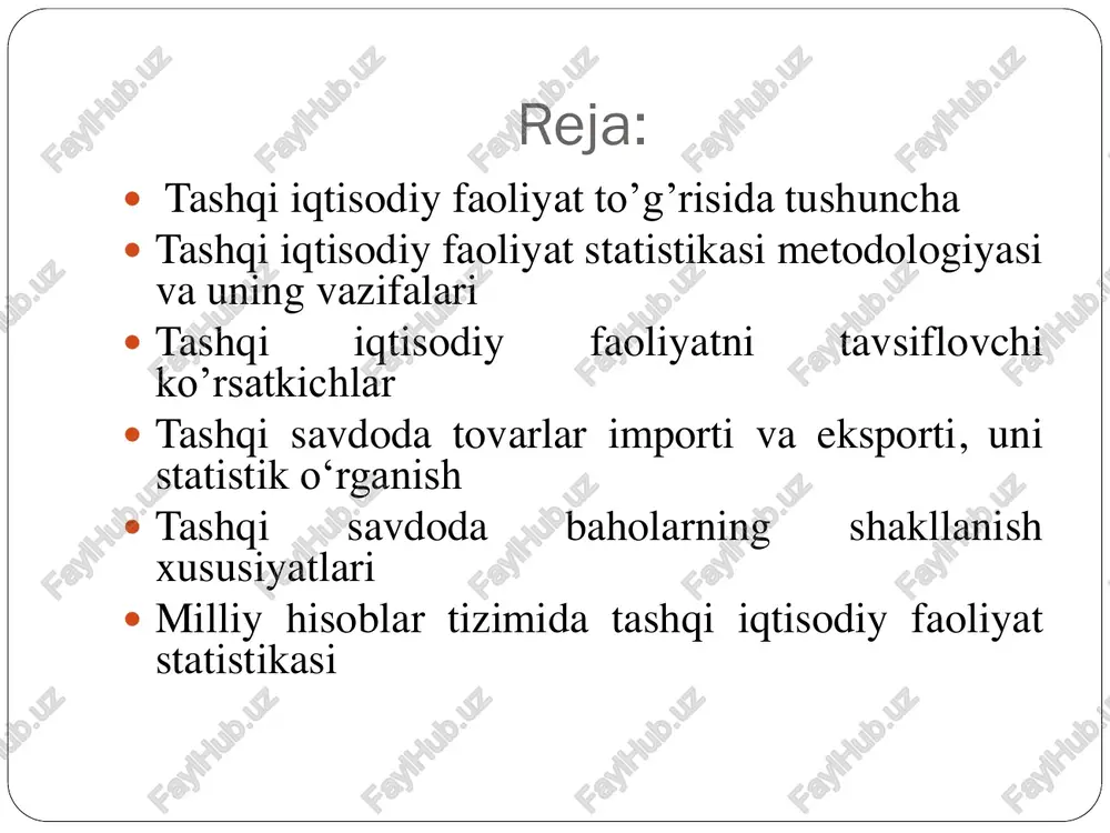 anishidir.  xalqaro iqtisodiy aloqalarda davlatlararo kapital migratsiyasi, uni taqsimlash barqaror o’sishni faol omili bo’lib xizmat qiladi. iqtisod baynalmilallashgan sari kapital faoliyati milliy doiradan chiqib xalqaro mazmun kasb etadi. mamlakatlararo kapital eksporti yuz beradi. 2. tashqi iqtisodiy faoliyatni tavsiflovchi ko’rsatkichlar  tashqi iqtisodiy aloqalarni tahlil qilishda makroiqtisodiy statistika quyidagi ko’rsatkichlarni hisoblaydi.  xalqaro savdo-sotiqni tavsiflovchi ko’rsatkichlar;  xalqaro ishlab chiqarish kooperatsiyasini tavsiflochi ko’rsatkichlar;  xalqaro kapital migratsiyasini ifodalovchi ko’rsatkichlar;  xalqaro ishchi kuchi migratsiyasini tavsiflovchi ko’rsatkichlar;  o’zaro to’lovlar va hisob valyutalari operatsiyalarini ifodalovchi ko’rsatkichlar.  xalqaro iqtisodiy munosabatlarda savdo-sotiq etakchi o’rin tutadi va bu jahon bozorida quyidagi ko’rsatkichlarda o’z ifodasini topadi (1-jadval). 1-jadval tashqi savdo-sotiqni tavsiflovchi ko’rsatkichlar  regionning eksport kvotasi (ke)  e - eksport hajmi  yaim - yalpi ichki mahsulot  je – eksport indeksi  keo va ke1 – bazis va joriy davrlarda eksport kvota darajalari 01 100 eee e k:kj yaim e k  …