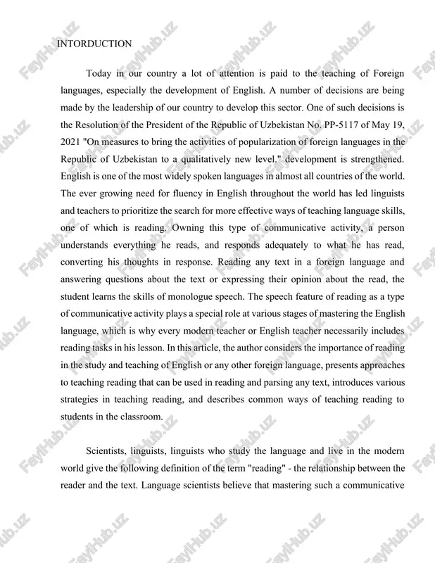nguage, which is why every modern teacher or english teacher necessarily includes reading tasks in his lesson. in this article, the author considers the importance of reading in the study and teaching of english or any other foreign language, presents approaches to teaching reading that can be used in reading and parsing any text, introduces various strategies in teaching reading, and describes common ways of teaching reading to students in the classroom. scientists, linguists, linguists who study the language and live in the modern world give the following definition of the term "reading" - the relationship between the reader and the text. language scientists believe that mastering such a communicative skill as reading requires extensive and versatile knowledge about the world and about a given topic, as well as perfect knowledge of the language. according to linguists-teachers, reading requires extensive background or, as they are called, basic knowledge, as well …