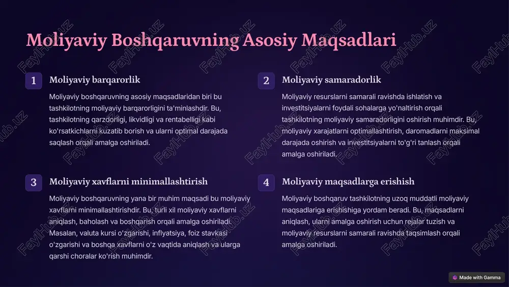 ishlab chiqish va moliyaviy resurslarni taqsimlash bo'yicha rejalar tuziladi. rejalashtirish jarayonida turli xil moliyaviy tahlillar va prognozlar o'tkaziladi. 2 nazorat moliyaviy boshqaruv jarayonining ikkinchi bosqichi bu nazoratdir. bu bosqichda tashkilotning moliyaviy faoliyatini kuzatish, rejalashtirilgan ko'rsatkichlarga erishilishi yoki erishilmasligi, xavflarning paydo bo'lishi yoki yo'qligi bo'yicha ma'lumot to'plash va tahlil qilish amalga oshiriladi. nazorat jarayonida turli xil moliyaviy hisobotlar va tahlillar ishlatiladi. 3 tahlil moliyaviy boshqaruv jarayonining uchinchi bosqichi bu tahlildir. bu bosqichda to'plangan ma'lumotlar tahlil qilinadi va moliyaviy faoliyatni yaxshilash, xavflarni kamaytirish va maqsadlarga erishish bo'yicha tavsiyalar ishlab chiqiladi. tahlil jarayonida turli xil moliyaviy ko'rsatkichlar, nisbatlar va boshqa tahliliy usullar qo'llaniladi. 4 qaror qabul qilish moliyaviy boshqaruv jarayonining so'nggi bosqichi bu qaror qabul qilishdir. bu bosqichda tahlil natijalariga asoslanib, moliyaviy resurslarni samarali ravishda boshqarish, xavflarni kamaytirish va tashkilotning moliyaviy maqsadlariga erishish bo'yicha qarorlar qabul qilinadi. 3 moliyaviy rejalashtirish va prognozlashtirish moliyaviy rejalashtirish moliyaviy rejalashtirish - bu tashkilotning moliyaviy maqsadlarini belgilash va …