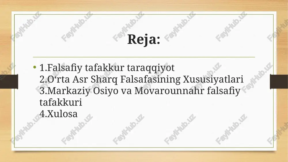 n sino (avitsenna, 980-1037): 300 dan ortiq asar muallifi, “tib qonunlari”da tibbiyotni tizimlashtirgan, olamni azaliy deb hisoblagan, mohiyatni uch tarzda izohlagan. uyg‘onish davrining xususiyatlari sharq uyg‘onish davri (ix-xii asrlar) ilm-fan va madaniyatning yuksalish davri bo‘lib, “sharq renessansi” deb ataladi. asosiy xususiyatlari: ilmiy va madaniy markazlarning rivoji: bag‘dodda “bayt al-hikma” (donishmandlar uyi), buxoro va samarqandda kutubxonalar tashkil etilgan, yuz minglab kitoblar yig‘ilgan. fanlarning taraqqiyoti: matematika (al-xorazmiy algebra asoschisi), astronomiya (al-beruniy), tibbiyot (ibn sino), geografiya va falsafa rivojlangan insonparvarlik va ma’rifatparvarlik: barcha odamlarni ma’rifatli qilishga intilish, aql kuchiga ishonish, inson fazilatlarini ulug‘lash. sharq falsafasi taraqqiyot bosqichlari qadimgi hind falsafasi qadimgi hindistonda mil. avv. i mingyillikda falsafiy ta’limotlar shakllandi. asosiy manbalari “upanishadlar”, “bhagavad-gita”, “veda” matnlaridir. bu davrda quyidagi asosiy falsafiy oqimlar vujudga keldi: vedanta – borliqning asosini brahman deb biladi; sankxya – dualistik qarash (materiya – prakriti va ong – purusha); yoga – ruhiy va jismoniy o‘z-o‘zini anglash yo‘li; buddaviylik – azob-uqubatdan qutulish, …