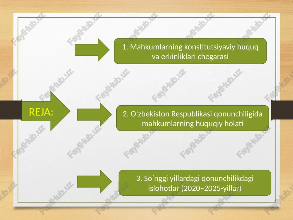asb-hunar o‘rgatish, psixologik va huquqiy yordam ko‘rsatish tizimi yo‘lga qo‘yildi. shuningdek, 2021-yil 29-iyuldagi pf-6267-son farmon bilan mahkumlarga nisbatan shartli ravishda muddatidan ilgari ozod qilish va jazoni yengilroq jazo bilan almashtirish tartibi soddalashtirildi. bu esa inson huquqlarini ta’minlash borasidagi islohotlarning muhim bosqichi bo‘ldi. mahkumlarning huquqiy holatini belgilovchi asosiy normativ-huquqiy hujjatlar sirasiga o‘zbekiston respublikasi jinoyat kodeksi, jinoyat-protsessual kodeksi, jinoyat-ijroiya kodeksi, “sudlar to‘g‘risida”gi qonun, “prokuratura to‘g‘risida”gi qonun hamda inson huquqlarini himoya qilishga oid xalqaro hujjatlar kiradi. ayniqsa, bmt bosh assambleyasi tomonidan qabul qilingan “mahbuslarga nisbatan muomala qilishning minimal standart qoidalari” (nelson mandela qoidalari) o‘zbekiston qonunchiligiga bosqichma-bosqich implementatsiya qilinmoqda. bu qoidalarda mahkumlarning sha’ni va qadr-qimmatini hurmat qilish, tibbiy xizmatdan teng asosda foydalanish, aloqa qilish, ta’lim olish va mehnat qilish huquqlari alohida ta’kidlangan. so‘nggi yillarda o‘zbekiston respublikasida ombudsman instituti faoliyati ham sezilarli darajada kuchaytirildi. ombudsman huzurida jazoni ijro etish muassasalariga erkin kirish huquqiga ega maxsus vakil (npm – national preventive mechanism) joriy qilindi. u mahkumlarning …