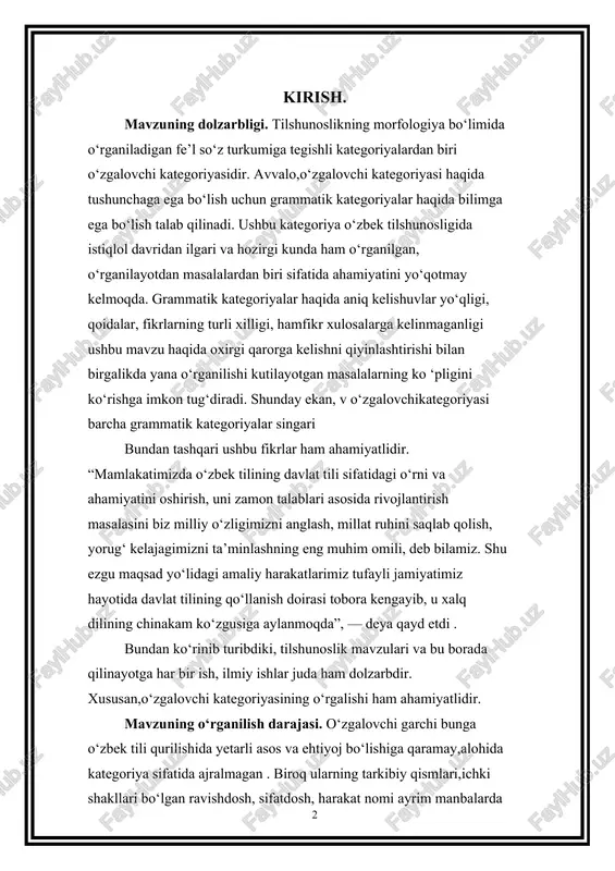 oriyasining o‘rgalishi ham ahamiyatlidir. mavzuning o‘rganilish darajasi. o‘zgalovchi garchi bunga o‘zbek tili qurilishida yetarli asos va ehtiyoj bo‘lishiga qaramay,alohida kategoriya sifatida ajralmagan . biroq ularning tarkibiy qismlari,ichki shakllari bo‘lgan ravishdosh, sifatdosh, harakat nomi ayrim manbalarda kategoriya sifatida qaraladi[footnoteref:1] [1: .sayfullayeva rhozirgi adabiy o‘zbek tili. darslik.- t.,2009] r.sayfullayeva va boshqalar muallifligida tuzilgan “hozirgi o‘zbek adabiy tili” darsligi, m. sodiqova “fe’l stilistikasi” va boshqalarda ham ma’lumotlar keltirilgan. bundan tashqari yana ko‘plab olimlar ham o‘z ilmiy ish va kitoblarida nisbat kategoriyasiga to‘xtalishar ekan, uning nechog‘lik ahamiyatli ekani haqida xulosa qilishimiz mumkin. kurs ishining obyekti: o‘zbek tilshunosligida nisbat kategoriyasining o‘rganilishi asoslarini yoritish jarayoni va nisbat shakllari taraqqiyotini aniqlashdan iborat. kurs ishining predmeti: o‘zbek tilshunosligida nisbat kategoriyasining o‘rganilishi uslubiy asoslari hamda ushbu jarayonni yoritishdan iborat. kurs ishining maqsadi va vazifasi: o‘zbek tilshunosligida dolzarb bo‘lgan o‘zgalovchi kategoriyasi masalasini chuqur hamda aniq o‘rganishdan iborat. o‘zbek tilshunosligida nisbat kategoriyasining o‘rganilishi mavzusini o‘rganishda ilmiy-metodik tavsiyalar ishlab chiqish va ularni …