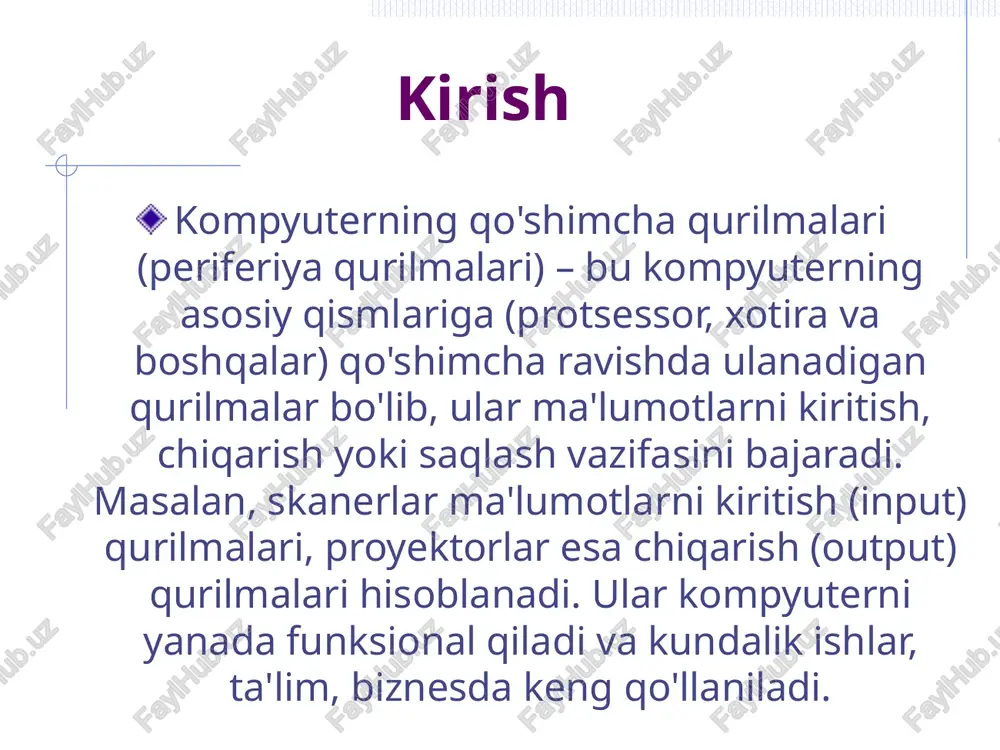 r, kitoblar va katta hujjatlarni skanlash uchun ideal. afzalligi: yuqori sifatli tasvirlar, ammo ko'p sahifali hujjatlar uchun sekinroq. vazifasi: individual ob'ektlarni batafsil skanlash, masalan, fotosuratlar yoki jurnallar. skanerlarning asosiy turlari quyidagilar sheet-fed skanerlar (avtomatik skanerlar): hujjatlar avtomatik ravishda tortiladi va skanlanadi. ular ofis ishlarida qo'llaniladi, chunki ko'p sahifali hujjatlarni tez skanlay oladi. afzalligi: tezlik va avtomatizatsiya, ammo kitoblar yoki nozik materiallar uchun mos emas. vazifasi: hujjatlar arxivi, biznes jarayonlarini tezlatish. skanerlarning asosiy turlari quyidagilar qo'l skanerlar yoki portativ skanerlar (handheld/portable): kichik o'lchamli, qo'lda ishlatiladi. ular sayohat yoki mobil ishlar uchun qulay. afzalligi: portativlik, ammo sifati pastroq bo'lishi mumkin. vazifasi: tez skanlash, masalan, cheklar yoki vizitkalar. skanerlarning asosiy turlari quyidagilar barabanli skanerlar (drum scanners): professional darajada ishlatiladi, yuqori aniqlikdagi tasvirlar uchun. ob'ekt barabanga o'rnatiladi va aylanadi. afzalligi: eng yuqori sifat, ammo qimmat va katta. vazifasi: bosma sanoati, grafik dizayn. skanerlarning asosiy turlari quyidagilar skanerlarning umumiy afzalliklari: qog'ozsiz ish joyini yaratish, ma'lumotlarni …