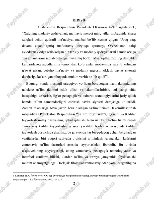 si yaratildi. islohotlar jarayonida kadrlar tayyorlash bosqichida ekanmiz, bu jarayonda har bir pedagog uchun belgilangan vazifalardan biri yuqori saviyada o‘qitishni ta’minlash va malakali kadrlarni zamonaviy ta’lim dasturlari asosida tayyorlashdan iboratdir. bu o‘rinda o‘qituvchining tayyorgarligi, uning zamonaviy pedagogik texnologiyalar va interfaol usullarni bilishi, ulardan ta’lim va tarbiya jarayonida foydalanishi muhim ahamiyatga ega. bo‘lajak filologlar zamonaviy adabiyotni o‘rganibgina qolmay, mumtoz adabiyotni, adabiy tur va janrlarni ham mukammal tadqiq qilishlari talab etiladi. shu maqsadda mazkur uslubiy qo‘llanma yaratildi. ma'lumki, mumtoz adabiyot tarixi adabiy tur va janrlar tarixi hamdir. adabiy jarayon ma'lum adabiy tur va janrlarni vujudga keltiradi, ulami shakllantiradi. adabiy tur va janrlar taraqqiyotida ulug‘ o‘zbek shoiri va mutafakkiri alisher navoiyning beqiyos o‘rni bor. shoir ijodiyoti bilan o‘zbek nazmi ham, o‘zbek nasri ham kamol topdi, tur va janrlar jihatidan boyidi. lirikada - g‘azal, mustazod, muxammas, musaddas, tarkibband, tarje'band, soqiynoma, qasida, ruboiy, qit'a, tuyuq, fard, muammo, chiston, lug‘z va boshqa janrlar yaratildi. bu janrlar …
