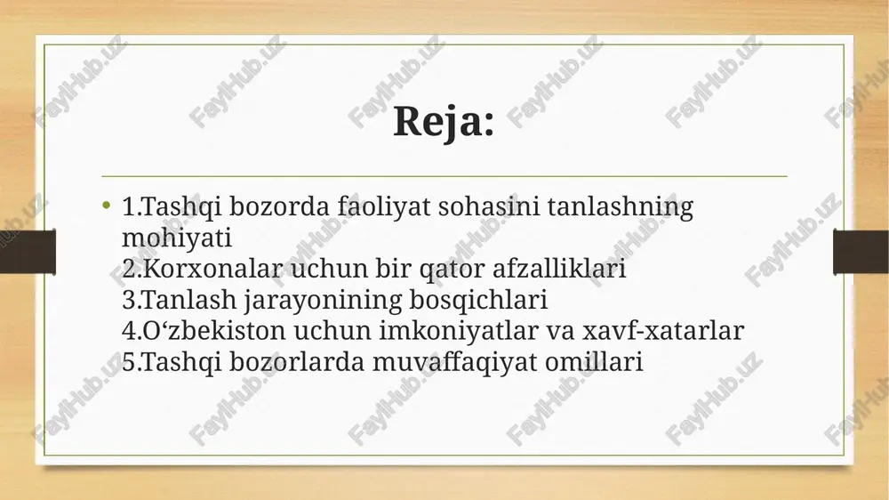 ini tanlash korxonalar uchun bir qator afzalliklarni taqdim etadi: sotuvlar hajmini oshirish: tashqi bozorlarga chiqish orqali korxonalar miqyos tejamkorligiga erishadi, ya’ni bir birlik mahsulotga xarajatlar kamayadi. masalan, o‘zbekistonning kichik biznes sub’yektlari (2023 yilda 238,5 mingta) eksport orqali yimning 53,3% ulushini ta’minladi. diversifikatsiya: bir bozorga bog‘liqlikni kamaytirish. o‘zbekistonning xitoy va rossiyaga eksport ulushi 38% ni tashkil etadi, ammo qo‘shni mamlakatlarga eksportning pasayishi diversifikatsiya zarurligini ko‘rsatmoqda. tashqi bozorda faoliyat sohasini tanlash korxonalar uchun bir qator afzalliklarni taqdim etadi: arzon resurslar: tashqi bozorlarda arzon xom ashyo va materiallarga kirish imkoniyati. masalan, qishloq xo‘jaligi mahsulotlari (paxta, meva) eksporti o‘zbekiston uchun muhim afzallik. raqobatbardoshlik: mahalliy resurslardan (it, qishloq xo‘jaligi) foydalanish orqali global bozorda o‘z o‘rnini topish. tanlash jarayonining bosqichlari 1. bozor tadqiqoti: maqsadli bozorning demografik va iqtisodiy ko‘rsatkichlari (aholi soni, daromad darajasi, xarid qobiliyati) va raqobatchilarni o‘rganish. jahon banki va osiyo taraqqiyot banki loyihalari o‘zbekiston uchun energetika va transport sohasida bozor tahlilini qo‘llab-quvvatlaydi. masalan, qishloq …
