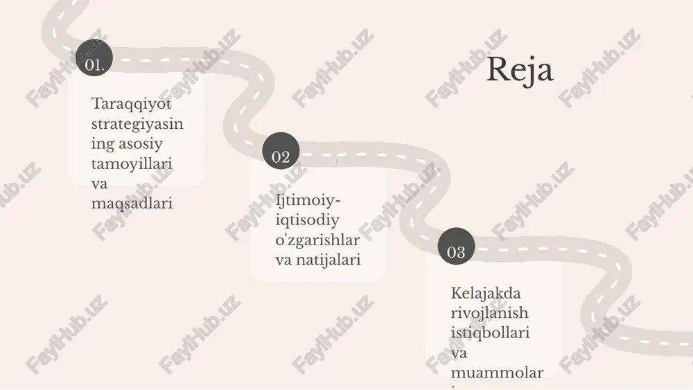 rorlikni ta'minlash maqsadida ijtimoiy yordam va ta'lim dasturlarini kengaytirish. 01. 02. 03. o'zbekistonning rivojlanish yo'nalishlari o'zbekistonning rivojlanish yo'nalishlari uchta asosiy sohani o'z ichiga oladi: ijtimoiy sektor, iqtisodiyot va ta'lim. ijtimoiy sektor aholining farovonligini oshirishga qaratilgan, bu orqali sog'liqni saqlash va ijtimoiy himoya tizimlari rivojlanadi. iqtisodiy rivojlanish esa yangi ish o'rinlari yaratish, investitsiyalarni jalb etish va eksportni ko'paytirish orqali amalga oshiriladi. ta'lim sohasida esa zamonaviy o'quv dasturlari va raqamli ta'lim platformalarini joriy etish orqali yosh avlodni tayyorlashga e'tibor qaratilmoqda. taraqqiyot strategiyasining natijalari o‘zbekistonning taraqqiyot strategiyasining natijalari quyidagilar: 1. iqtisodiy o‘sish: 2022 yilda o‘zbekistonning yalpi ichki mahsuloti (yim) 7,4% o‘sgan. 2. xorijiy investitsiyalar: so‘nggi besh yil ichida mamlakatga 25 milliard dollar xorijiy investitsiyalar jalb qilindi. 3. ishsizlik darajasi: 2023 yilda ishsizlik darajasi 9% ga pasaygan, bu iqtisodiy barqarorlikni ko‘rsatadi. bu natijalar o‘zbekistonning iqtisodiy rivojlanishini va xalq farovonligini oshirishga qaratilgan islohotlar samaradorligini ko‘rsatadi. iqtisodiy o‘sish ko‘rsatkichlari, xorijiy investitsiyalarning ko‘payishi va ishsizlikning pasayishi mamlakatning …