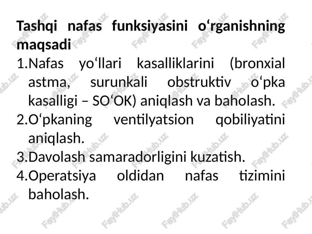 spiratsiya hajmi (fev1 – forced expiratory volume in 1 second) tiffno indeksi (fev1/fvc) – bu ko‘rsatkich bronxial obstruksiya bor-yo‘qligini aniqlaydi. 2. pletizmografiya bu test o‘pkaning umumiy sig‘imi (tlc – total lung capacity) va qoldiq hajmini (rv – residual volume) aniqlash uchun ishlatiladi. pletizmografiya yordamida obstruktiv va restriktiv patologiyalar farqlanadi. 3. maksimal ekspiratsion oqim tezligi (pef – peak expiratory flow rate) bu bemor tomonidan uy sharoitida ham amalga oshirilishi mumkin. maxsus qurilma yordamida bemor maksimal nafas chiqarish tezligini o‘lchaydi. bronxial astma yoki so‘ok (surunkali obstruktiv o‘pka kasalligi) bo‘lgan bemorlarda muhim diagnostik usul hisoblanadi. tnf natijalarini tahlil qilish natijalar uchta asosiy patologik holatni aniqlashga yordam beradi: 1. obstruktiv buzilishlar sababi: bronxlar torayishi yoki yallig‘lanishi (bronxial astma, so‘ok, emfizema). asosiy belgilar: fev1 kamayadi tiffno indeksi (fev1/fvc) < 70% bo‘ladi qoldiq hajm (rv) oshadi restriktiv buzilishlar sababi: o‘pka elastikligining kamayishi yoki hajmning cheklanishi (o‘pka fibrozi, plevral suyuqlik to‘planishi, nevromuskulyar kasalliklar). asosiy belgilar: vital sig‘im …