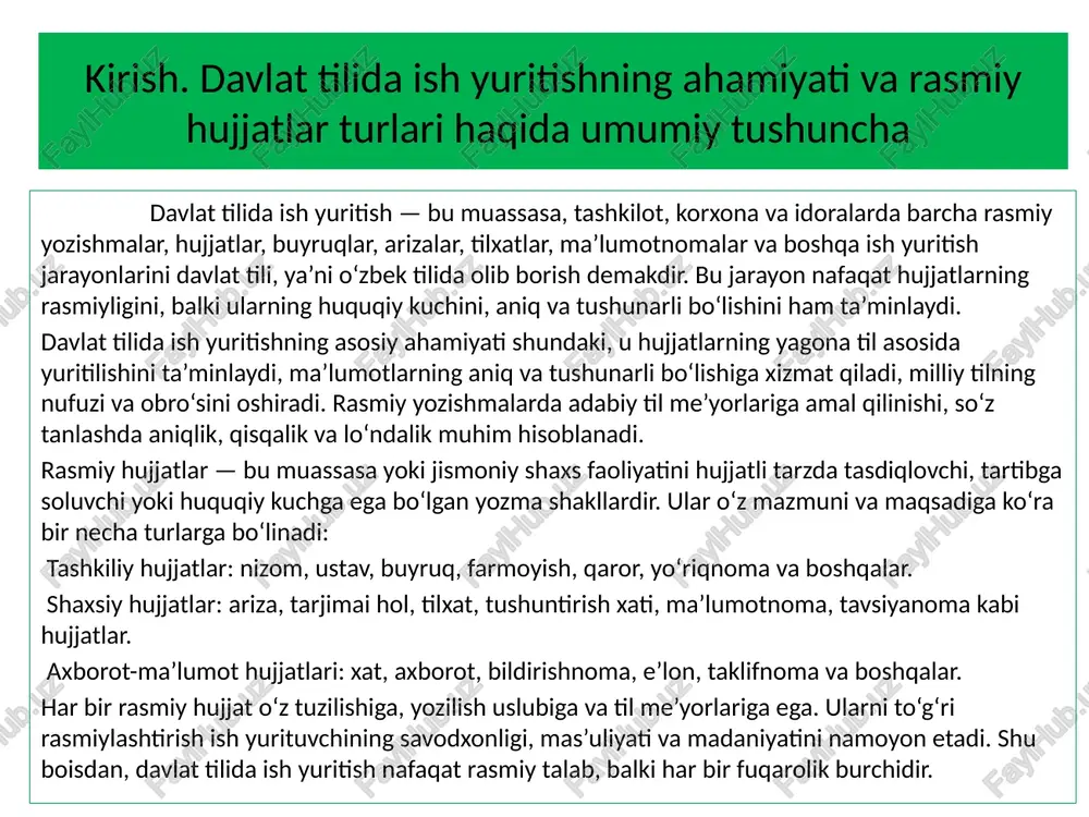 ashkilot, korxona yoki muassasa rahbariga ma’lum bir masala yuzasidan rasmiy tarzda yozma murojaat qilish uchun yoziladigan hujjatdir. ariza ish yuritish amaliyotida eng ko‘p uchraydigan shaxsiy rasmiy hujjatlardan biri bo‘lib, u orqali fuqaro o‘z huquq va manfaatlarini ifoda etadi, iltimos, shikoyat yoki taklif bilan chiqadi. ariza yozishning asosiy maqsadi — biror masalani hal etish, ruxsat olish, ishga joylashish, o‘qishga kirish, moddiy yordam so‘rash yoki ma’lum bir qarorni bekor qilish kabi masalalarda rasmiy tarzda murojaat qilishdir. shu bois ariza aniq, lo‘nda, mantiqan izchil va adabiy til me’yorlariga mos yozilishi shart. arizaning rasmiy shakli va tuzilishi qat’iy tartibda bo‘ladi. odatda ariza quyidagi qismlardan iborat bo‘ladi: birinchidan, ariza yo‘llanayotgan tashkilot nomi, rahbarning lavozimi va familiyasi, ism-sharifi yuqori o‘ng burchakka yoziladi. ikkinchidan, murojaat qiluvchining ism-sharifi, yashash manzili yoki ish joyi ko‘rsatiladi. to‘rtinchidan, murojaat mazmuni bayon etiladi. bu qismda nima so‘ralayotgani, iltimosning sababi va maqsadi aniq ifodalanadi. uchinchidan, sahifaning o‘rtasiga “ariza” so‘zi yoziladi. beshinchidan, ariza so‘ngida …