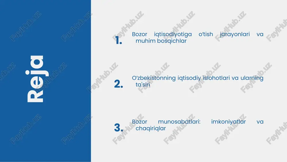 inlari yaratilmoqda va ijtimoiy infratuzilma rivojlanmoqda. kelajakda o'zbekiston uchun iqtisodiy o'sish va barqarorlikni ta'minlashda ushbu islohotlarning davom etishi muhim ahamiyatga ega. photo by clark van der beken on unsplash oʻzbekiston iqtisodiy islohotlari: kirish oʻzbekiston iqtisodiy islohotlarining asosiy maqsadi mamlakatni bozor iqtisodiyotiga o‘tkazish, iqtisodiy o‘sishni ta’minlash va xalq farovonligini oshirishdir. ushbu islohotlar davlat boshqaruvini samarali tashkil etish, xususiy sektorni rivojlantirish hamda investitsiyalarni jalb etishga qaratilgan. oʻzbekistonning bozor iqtisodiyotiga o‘tishi 1991 yilda mustaqillik e’lon qilinganidan so‘ng boshlangan. bu jarayon iqtisodiy tuzilmalarni diversifikatsiya qilish, yangi iqtisodiy mexanizmlar va institutlar yaratish, shuningdek, xalqaro iqtisodiy aloqalarni rivojlantirishni o‘z ichiga oladi. iqtisodiy islohotlar va ularning ta'siri iqtisodiy islohotlar: asosiy yo'nalishlar o'zbekiston iqtisodiyotida o'zgarishlar: natijalar bozor munosabatlariga o'tish jarayonida qiyinchiliklar iqtisodiy islohotlarning ijtimoiy va siyosiy ta'siri 1 2 3 4 iqtisodiy islohotlar va bozor munosabatlari o'zbekiston iqtisodiy islohotlari 1991 yildan boshlab, davlat iqtisodiyotini bozor munosabatlariga o'tkazish maqsadida amalga oshirildi. islohotlar natijasida iqtisodiy o'sish sur'atlari oshdi: 2020 yilda …