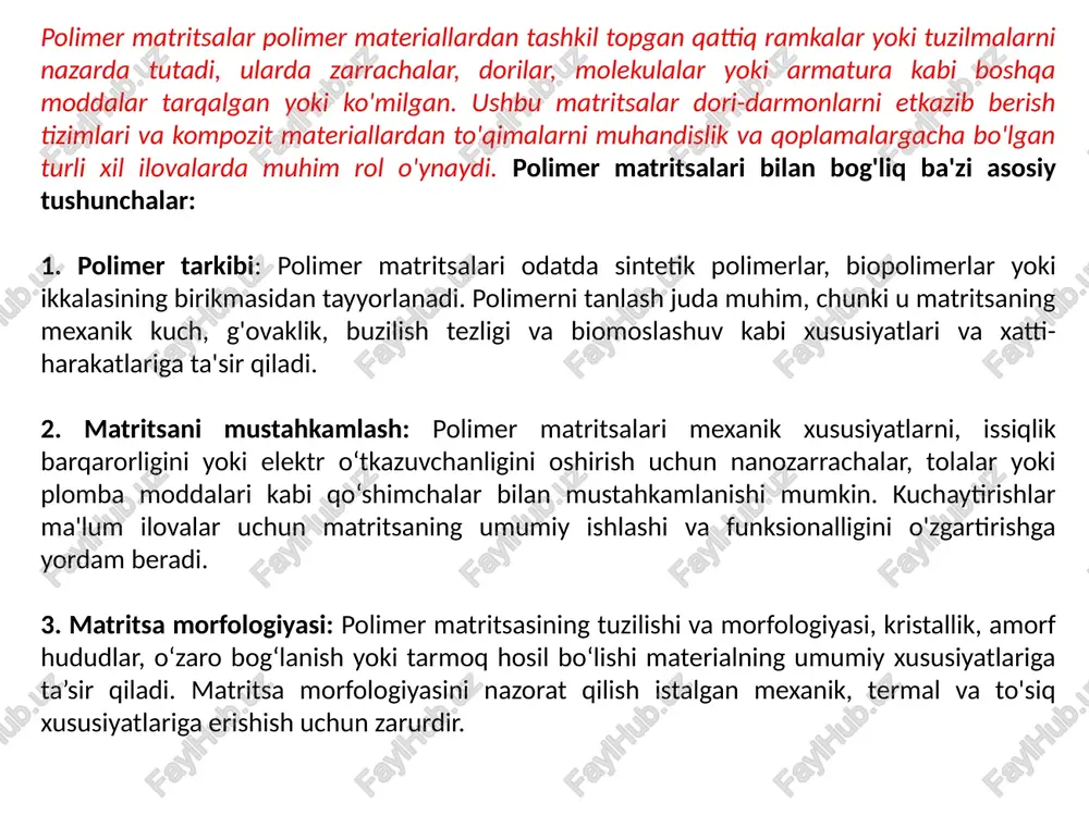qobiliyati: biologik parchalanadigan polimer matritsalari vaqt o'tishi bilan biologik muhitda zararsiz yon mahsulotlarga aylanib ketish uchun mo'ljallangan. ushbu matritsalar atrof-muhitga ta'sirni kamaytirish va xavfsiz degradatsiyani ta'minlash uchun to'qimalar muhandisligi, dori vositalarini etkazib berish va atrof-muhitni muhofaza qilishda keng qo'llaniladi. 6. ilovalar: polimer matritsalari sog'liqni saqlash (implantlar, dori vositalarini etkazib berish tizimlari), materialshunoslik (kompozitlar, qoplamalar), elektronika (o'tkazuvchan polimerlar), qishloq xo'jaligi (boshqariladigan o'g'itlar) kabi keng doiradagi ilovalarni topadi. , va qadoqlash (to'siq plyonkalari, oziq-ovqat qadoqlari). polimer matritsalarining ko'p qirrali va sozlanishi xususiyatlari ularni zamonaviy texnologiya va sanoatda ajralmas qiladi. 7. qayta ishlash texnikasi: boshqariladigan tuzilmalar va xususiyatlarga ega polimer matritsalarini ishlab chiqarish uchun eritma quyish, eritmani aralashtirish, elektrospinning va 3d bosib chiqarish kabi turli usullar qo‘llaniladi. qayta ishlash usulini tanlash morfologiyaga, qo'shimchalarning taqsimlanishiga va matritsaning umumiy ishlashiga ta'sir qiladi. absorbent polimer matritsalari - bu eritilmasdan yoki strukturaviy yaxlitligini yo'qotmasdan so'rilish orqali katta miqdordagi suyuqlikni yutish va ushlab turish qobiliyatiga ega bo'lgan materiallar. …