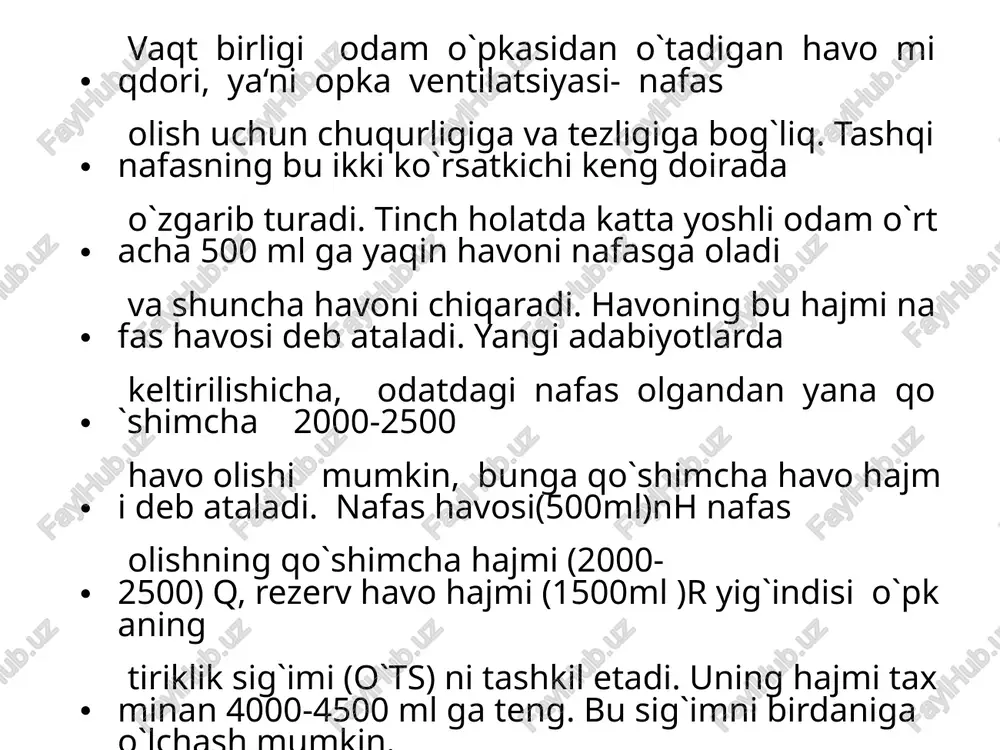 artibi. odamda o`pkaning tiriklik sig`imini o`lchash uchun atmosferadan iloji boricha chuqur nafas olib, o`pkadagi havoni oxirigacha spirometrga chiqarishi kerak. spirometr ekranida tekshiriluvchiga tegishli o`pkaning tiriklik sig`imini ko`rsatuvchi raqamlar ko`rinadi. tajribani rasmiylashtirishga doir ko`rsatmalar. birinchidan, bemordan chuqur nafas olish va nafasini ushlab turish talab etiladi, shundan so'ng siz og'ziga mahkam yopishib olishingiz kerak, so'ngra osoyishtalik va osoyishtalikni havoga ko'tarib chiqing. surunkali o'pka kasalliklarida bu jarayon 15 sekundni tashkil qilishi mumkin. nafas olish tugallangandan so'ng, bemorga chuqur nafas olish, nafas olishni va nafasni kuch bilan sarf qilish talab qilinadi. birinchi holatda tinch nafas olish, ikkinchidan esa ekshalatsiya kuchi aniqlanadi. ma'lumotlarning to'g'riligi uchun ushbu protsedura uch marta bajariladi va o'rtacha indeks chiqariladi. bugungi kunda 4 turdagi spirometrik namunalar mavjud: maxsus preparatlardan foydalanish - bronkodilatatorlar, bronkospazmni olib tashlash. xotirjam nafas olish sinovi; majburiy ekshalasyon mesh; maksimal ventilatsiya sinovlari. namuna olish uchun maxsus qurilma - o'pkadan keladigan havo miqdorini o'lchash imkonini beradigan spirometrdan foydalaning. u …