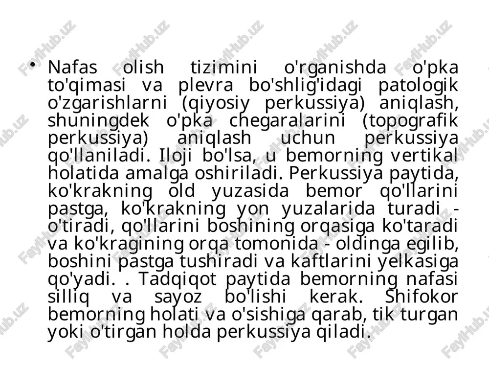 ni qo'llash tartibini o'zgartirib, perkussiyani takrorlash tavsiya etiladi. ko'krakning old (a), lateral (b) va orqa (c) yuzalarida o'pka qiyosiy perkussiyasi sxemasi o'pkaning topografik perkussiyasiularning pastki chegarasini ketma-ket belgilash, pastki o'pka chetining harakatchanligi, tik balandlik va apislarning kengligini o'z ichiga oladi. belgilangan har bir parametrni aniqlash birinchi navbatda, keyin boshqa tomondan amalga oshiriladi. barcha holatlarda, barmoq pessimetri o'pkaning belgilangan chegarasiga parallel ravishda joylashtirilgan va barmoqning o'rta phalanxi unga perpendikulyar yo'nalishda perkussiya o'tkaziladigan chiziqda yotishi kerak. jim-zarbli urishlardan foydalanib, ular o'pkaning aniq tovush doirasidan o'pkaning chegarasiga to'g'ri keladigan to'mtoq (yoki to'mtoq) tovushga o'tish nuqtasigacha uriladi. barmoq chegarani topish va uning koordinatalarini aniqlash uchun pessimetr bilan o'rnatiladi. shu bilan birga, barmoq pessimetrining chekkalari, aniq pulmoner tovushli hududga qaragan holda, organ chegarasidan tashqariga chiqariladi. o'lchovlarni amalga oshirish kerak bo'lganda, buning uchun barmoqlarning phalangesning oldindan ma'lum uzunligi yoki kengligini ishlatish qulay. o'ng o'pkaning pastki chegarasini oldingi aksillar (a) va skapulyar (b) chiziqlari bo'yicha perkussiya paytida …