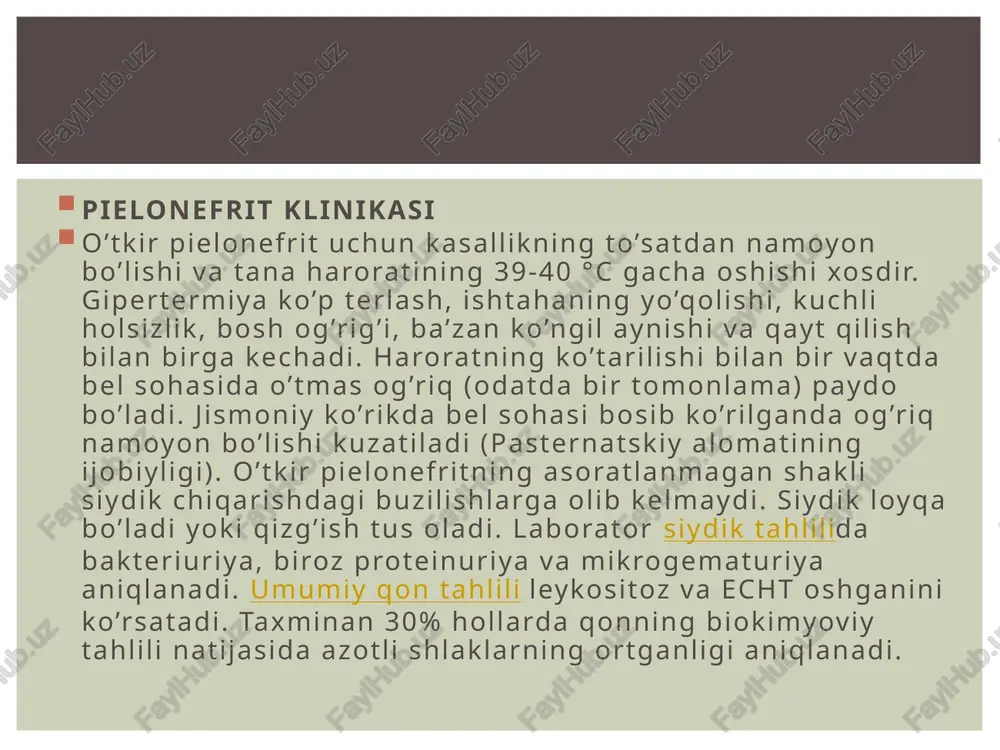 . shuningdek bemor anamnezida o’tkir pielonefrit bo’lmay turib, birdan birlamchi surunkali pielonefrit rivojlanishi mumkin. ba’zan surunkali pielonefrit siydik tahlillari natijasida tasodifan aniqlanadi. surunkali pielonefrit bilan og’rigan bemorlar ko’pincha zaiflik, ishtahaning pasayishi, bosh og’rig’i va tez-tez siydik chiqarishdan shikoyat qiladi. ba’zi bemorlarni sovuq, nam havoda kuchayadigan bel atrofidagi to’mtoq og’riq bezovta qiladi. ikki tomonlama surunkali pielonefritning rivojlanib borishi bilan buyrak faoliyati buziladi, bu esa siydik solishtirma og’irligining ortishiga, gipertoniya va buyrak yetishmovchiligiga olib keladi. surunkali pielonefritning o’tkirlashganini ko’rsatuvchi belgilari o’tkir shakldagi kasallik klinik tasvirlari bilan mos. nega ikkilamchi pielonefrit paydo bo'ladi? erkaklardagi alomatlar, buyraklar bilan bog'liq muammolar haqida gapirganda, darhol paydo bo'lmaydi. axir, infektsiya dastlab siydik pufagiga ta'sir qiladi (siydik chiqarish tizimining faoliyati buzilganligi sababli siydik turg'unlashadi), keyin esa buyraklarga o'tadi. va har doim ham erkaklar siydik yo'llaridan shubhali alomatlarga e'tibor bermaydilar. ikkilamchi pielonefrit shunday paydo bo'ladi. asosiy sabablar: prostatit; prostata adenomasi (siydik chiqishi prostata bezining siydik kanaliga bosimi tufayli buziladi); …