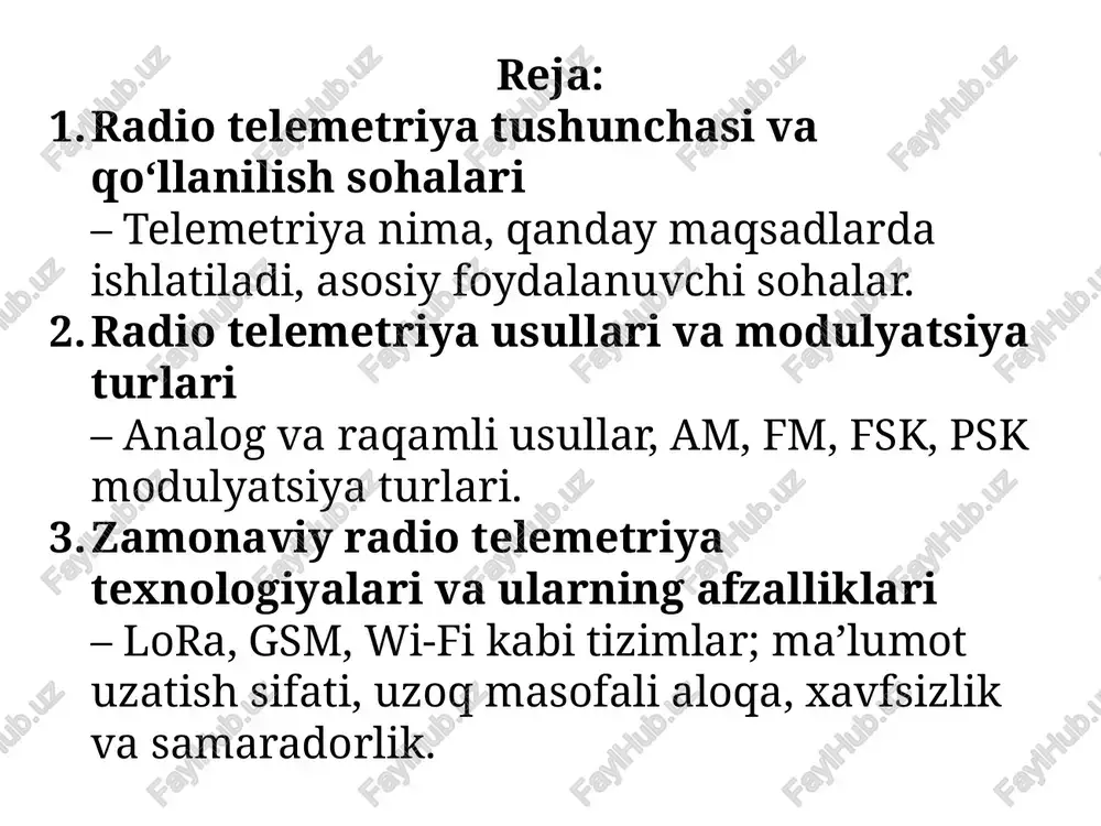 ma’lumot yuboriladi va boshqaruv buyruqlari qaytariladi (masalan, sun’iy yo‘ldoshlar bilan aloqa). qo‘llaniladigan tarmoqlar: uhf/vhf diapazonlari (masalan, havo sharoiti monitoringi uchun). lora (long range) – kam quvvatli, uzoq masofali aloqa. zigbee, wi-fi, gsm, lte – qisqa va o‘rta masofa uchun zamonaviy tarmoqlar. xulosa radio telemetriya usullari zamonaviy texnologik tizimlarning ajralmas qismi hisoblanadi. ular yordamida masofadagi obyektlardan turli fizikaviy ko‘rsatkichlar (harorat, bosim, tezlik, holat va h.k.) haqida ma’lumotlar real vaqt rejimida uzatiladi. analog va raqamli uzatish texnologiyalari, shuningdek, turli modulyatsiya usullarining qo‘llanilishi bu sohani yanada rivojlantirmoqda. raqamli radio telemetriya usullari ayniqsa yuqori aniqlik, shovqinga chidamlilik va axborotni qayta ishlash qulayligi bilan ajralib turadi. bugungi kunda bu texnologiyalar sanoat, energetika, transport, tibbiyot, qishloq xo‘jaligi, kosmonavtika va boshqa ko‘plab sohalarda keng qo‘llanilmoqda. radio telemetriya tizimlari samaradorlikni oshirish, xavfsizlikni ta’minlash va masofaviy boshqaruv imkoniyatlarini kengaytirishda muhim ahamiyat kasb etadi. foydalanilgan adabiyotlar: abdurahmonov a.a., xaydarov a.x. “telemetriya tizimlari”, toshkent, “fan va texnologiya”, 2012. – kitobda telemetriya …