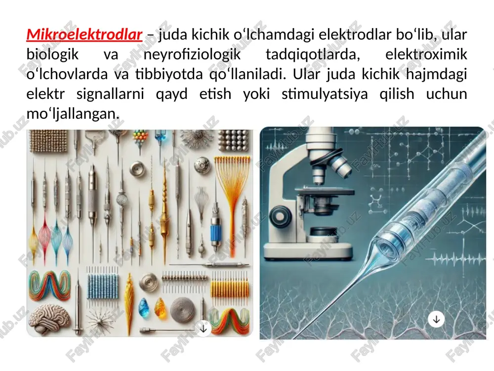miyaning elektr stimulyatsiyasi – parkinson kasalligini davolash uchun qo‘llaniladi. 🔹 biotibbiyot yurak signallarini o‘lchash – elektrokardiografiyada (ekg) yurakning elektr faolligini kuzatish. ko‘z harakatlarini o‘lchash – optomotor tizimlarda ishlatiladi. 🔹 elektroximik tadqiqotlar kimyoviy moddalarni aniqlash – neyrotransmitterlar va ion kontsentratsiyalarini o‘lchash. qonning tarkibini tahlil qilish – ph va ion miqdorini aniqlovchi elektrodlarda qo‘llaniladi. nevrologiyada qo‘llanilishi 🔹 eeg (elektroensefalografiya) – miya faoliyatini o‘lchash va epilepsiya, uyqu buzilishi kabi kasalliklarni aniqlash. 🔹 deep brain stimulation (dbs) – parkinson kasalligini davolash uchun mikroelektrodlar yordamida miya chuqur qismlariga elektr stimulyatsiya berish. 🔹 neurotransmitterlarni o‘lchash – dopamin, serotonin va boshqa kimyoviy moddalarni tahlil qilish orqali ruhiy kasalliklarni tadqiq qilish. kardiologiyada qo‘llanilishi 🔹 ekg (elektrokardiografiya) – yurakning elektr signalini o‘lchab, aritmiya va yurak kasalliklarini aniqlash. 🔹 elektr stimulyatsiya – yurakni urish ritmini normallashtirish uchun mikroelektrod implantlari qo‘llaniladi. oftalmologiya va eshitish protezlarida 🔹 ko‘rish qobiliyatini tiklash – retina implantlarida mikroelektrodlar ishlatiladi (masalan, sun’iy ko‘z retinasi). 🔹 eshitish moslamalarida …