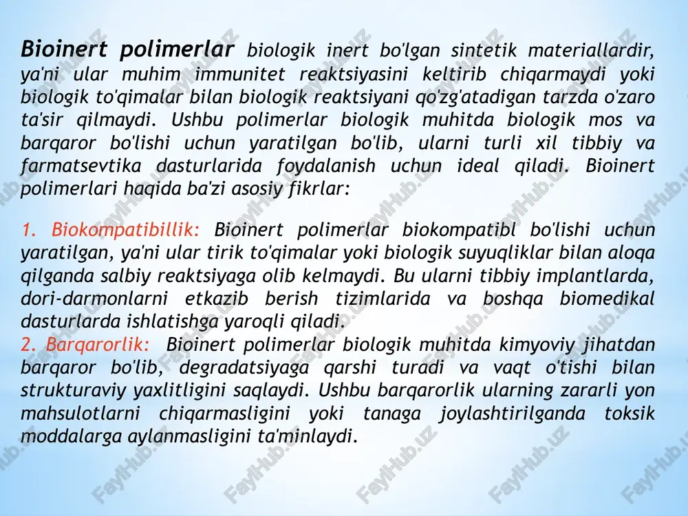 merlar turli sohalarda, jumladan, tibbiyot, farmatsevtika, biotexnologiya va boshqa sohalarda muhim rol o'ynaydi. tibbiyotda tez-tez ishlatiladigan 20 ta bioinert polimerlarning ro'yxati: 1. polietilen (pe) 2. polipropilen (pp) 3. polivinilxlorid (pvx) 4. polietilen glikol (peg) 5. polimetil metakrilat (pmma) 6. poliuretan (pu) 7. teflon (politetrafloroetilen, ptfe) 8. silikon kauchuk (polidimetilsiloksan, pdms) 9. poliamid (pa) 10. polikaprolakton (pcl) 11. poli(l-laktid) (plla) 12. poli(d,l-laktid) (pdlla) 13. polietilen tereftalat (pet) 14. polikaproamid (ppa) 15. polietilen naftalat (pen) 16. polietilen imin (pei) 17. polimetil metakrilat (pmma) 18. poliakrilonitril (pan) 19. polibisfenilsulfon (ppsu) 20. polietilen xlorsulfon (pcsu) bioinert polimerlarning ba'zi keng tarqalgan turlari: polietilen glikol (peg): peg ko'p qirrali polimer bo'lib, biokompatibilligi, gidrofil tabiati va past immunogenligi tufayli biotibbiy qo'llanmalarda keng qo'llaniladi. ko'pincha dori-darmonlarni etkazib berish tizimlarida, to'qima muhandisligida va tibbiy asboblarning sirtini modifikatsiyalashda qo'llaniladi. politetrafloroetilen (ptfe): ptfe, odatda teflon sifatida tanilgan, mukammal kimyoviy qarshilik, past ishqalanish va yuqori harorat barqarorligiga ega floropolimerdir. u tibbiy implantlarda, …