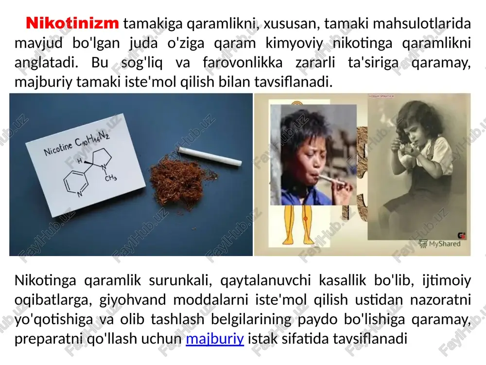 shiradi. * qon tomir: chekish qon tomirlariga zarar etkazadi, qon tomir xavfini oshiradi. * periferik qon tomir kasalligi: bu holat oyoq-qo'llarga qon oqimini cheklaydi, og'riq keltiradi va amputatsiyaga olib kelishi mumkin. o’smirlarga ta’siri: kanserogenezdan tashqari: * nikotin targ'ibotchi vazifasini bajaradi: odatdagi kanserogen kabi dnkdagi mutatsiyalarni bevosita keltirib chiqarmasa ham, nikotin o'smaning o'sishi va rivojlanishi uchun qulay muhit yaratadi. bu tuproqni tayyorlash va zararli urug ' o'sishi uchun o'g'it berish kabi. * ko'p ta'sir yo'llari: nikotin o'z ta'sirini turli xil uyali va molekulyar yo'llar orqali amalga oshiradi, hujayra signalizatsiyasi, gen ekspressioni va immunitetga ta'sir qiladi. ushbu murakkab o'zaro ta'sirlar tarmog'i har bir o'ziga xos saraton turida nikotinning aniq rolini aniqlashni qiyinlashtiradi. * kanserogenlar bilan sinergiya: nikotinning zararli ta'siri tamaki tutunida yoki atrof muhitda mavjud bo'lgan boshqa kanserogenlar bilan birlashganda kuchayishi mumkin. bu sinergetik ta'sir rasmni yanada murakkablashtiradi va o'simta rivojlanish xavfini oshiradi. mexanizmlarni ochish: * o'sish signallari: nikotin hujayralar yuzasida nikotinik …