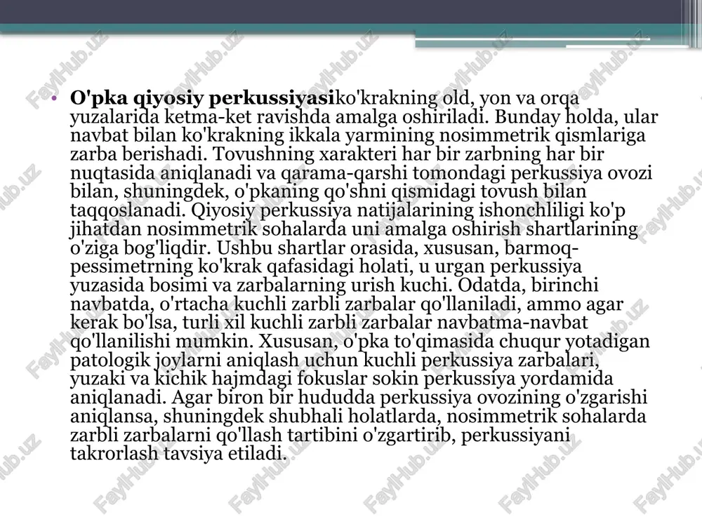 orqa (c) yuzalarida o'pka qiyosiy perkussiyasi sxemasi o'pkaning topografik perkussiyasiularning pastki chegarasini ketma-ket belgilash, pastki o'pka chetining harakatchanligi, tik balandlik va apislarning kengligini o'z ichiga oladi. belgilangan har bir parametrni aniqlash birinchi navbatda, keyin boshqa tomondan amalga oshiriladi. barcha holatlarda, barmoq pessimetri o'pkaning belgilangan chegarasiga parallel ravishda joylashtirilgan va barmoqning o'rta phalanxi unga perpendikulyar yo'nalishda perkussiya o'tkaziladigan chiziqda yotishi kerak. jim-zarbli urishlardan foydalanib, ular o'pkaning aniq tovush doirasidan o'pkaning chegarasiga to'g'ri keladigan to'mtoq (yoki to'mtoq) tovushga o'tish nuqtasigacha uriladi. barmoq chegarani topish va uning koordinatalarini aniqlash uchun pessimetr bilan o'rnatiladi. shu bilan birga, barmoq pessimetrining chekkalari, aniq pulmoner tovushli hududga qaragan holda, organ chegarasidan tashqariga chiqariladi. o'lchovlarni amalga oshirish kerak bo'lganda, buning uchun barmoqlarning phalangesning oldindan ma'lum uzunligi yoki kengligini ishlatish qulay. o'ng o'pkaning pastki chegarasini oldingi aksillar (a) va skapulyar (b) chiziqlari bo'yicha perkussiya paytida barmoq pessimetrining boshlang'ich holati va uning harakat yo'nalish patologiyada perkussiya ovozidagi o'zgarishlar o'pka tovushining …