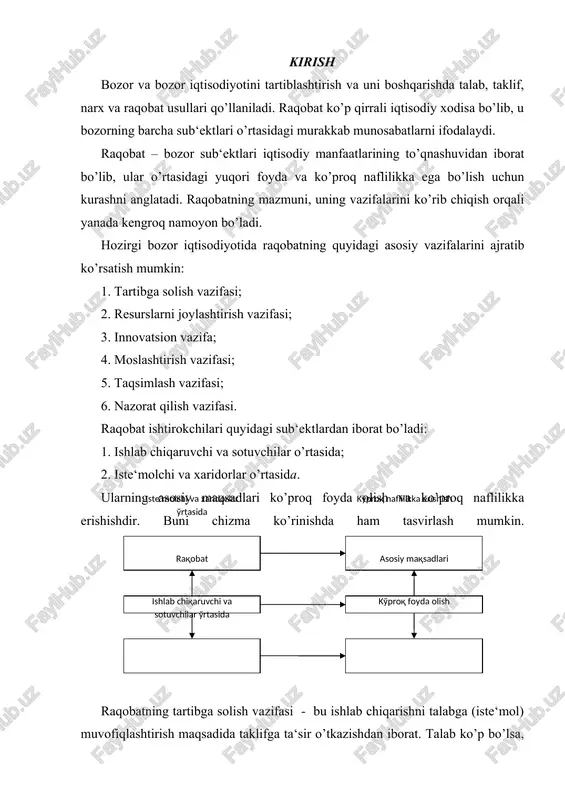 n korxona, hudud va mintaqalarga oqilona joylashtirish imkonini beradi. raqobatning innovatsion vazifasi – fan-texnika taraqqiyoti yutuqlariga asoslanuvchi hamda bozor iqtisodiyoti sub‘ektlarining rivojlanishini taqozo etuvchi turli kurinishdagi yangiliklarning joriy etilishini bildiradi. raqobatning taqsimlash vazifasi – ishlab chiqarilgan ne‘matlar yalpi hajmi (yaim)ning iste‘molchilar o’rtasida taqsimlanishiga bevosita va bilvosita ta‘sir o’tkazadi. raqobatning nazorat qilish vazifasi bozordagi ba‘zi ishtirokchilarning boshqa bir ishtirokchilar ustidan monopolistik hukmronlik o’rnatishiga yo’l qo’ymaslikka yo’naltiriladi. raqobatning to’rtta shakli mavjud: 1. erkin raqobat; 2. monopolistik raqobat; 3. monopoliya; 4. oligopoliyadir. erkin raqobat sharoitida bir xil mahsulot ishlab chiqaruvchi tarmoqda juda ko’p sonli korxonalar mavjud bo’ladi. korxonalar mahsulot narxi ustidan sezilarsiz nazoratni amalga oshiradi, chunki korxonalar soni ko’p bo’lganligi sababli umumiy ishlab chiqarish hajmi unga katta bo’lmaydi. sof monopoliyada tarmoq bitta firmadan iborat bo’lishi sabali, u mavjud mahsulot (xizmat)ning yagona ishlab chiqaruvchisi hisoblanadi va yakka hukmronlik shakllanadi. monopolistik raqobat o’z ichiga ham monopoliya, ham raqobat unsurlarini oladi. tarmoqdagi bir turdagi mahsulotning unlab …