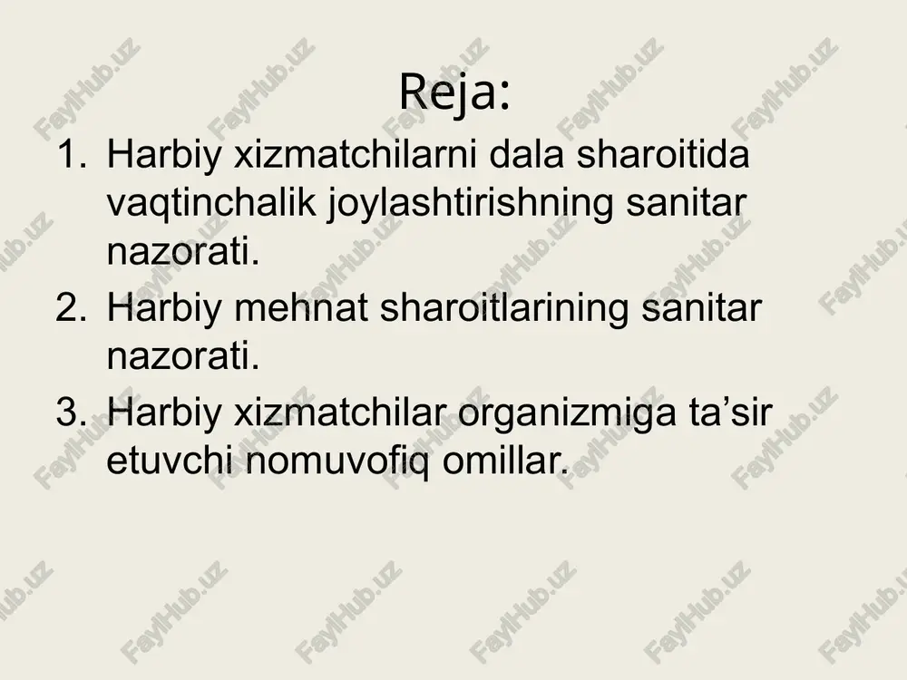 r bilan ta'minlanishini tashqil etilganligini nazorat qilish; -chiqindilarni to‘planishi, uzoqlashtirilishi va zararsizlantirishining to‘g‘ri bajarilishini nazorat qilish. havoning fizikaviy xossalarini mikroiqlim ko‘rsatkichlari bo‘yicha nazorat qilinadi (harorat, namlik, havoning xarakat tezligi) va bu omillarni aniqlash asboblaridan foydalaniladi. havoning kimyoviy tarkibini nazorat qilish esa, universal va dala sharoitida ishlatiladigan gazoanalizatorlar yordamida bajariladi. panagohlar havosining tozaligini baholashdagi muhim ko‘rsatkich karbonat angidrid gazining miqdori hisoblanadi. uning panagoh havosi uchun ruxsat etilgan konsentratsiyasi xizmatchilarni bu yerda qancha muddatda bo‘lishlari bilan belgilanadi: agar 1-2 soat davomida bo‘lish mo‘ljallangan bo‘lsa so2 ning rek 3% ni tashqil etadi, uzoq muddatli bo‘lishda esa (2soatdan ortiq) - 0,5% ga teng. panagoh havosi tarkibidagi so2-ning konsentratsiyasini shprits yordamida bajariladigan tezkor usulda aniqlanadi. bir odam uchun soatiga kerak bo‘ladigan havo hajmi (v1) formula bo‘yicha hisoblab topiladi: 22,6 v1 = ----------- ; r - 0,04 bu yerda 22,6 - 1 soatda 1 odamning nafas orqali chiqaradigan so2 ning miqdori; r - karbonat angdrid gazi …