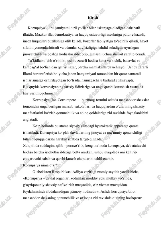 oiy hodisadir»​. aslida korrupsiya biror mansabdor shaxsning qonunchilik va axloqqa zid ravishda o‘zining boshqaruv vakolatlari va huquqlaridan shaxsiy manfaatlar maqsadida foyda olishidir. atama, eng avvalo, siyosiy apparat xodimlariga nisbatan foydalanishi odatiy tusga kirgan. iqtisodchi berdhenning fikriga ko‘ra, makroiqtisodiy rivojlanish ko‘rsatkichiga eng katta salbiy to‘lqinni olib kiruvchi omil aynan korrupsiya hisoblanadi. uning ko‘rinishlari turlicha bo‘lishi mumkin: poraxo‘rlik, tovlamachilik, firibgarlik, nepotizm va h.k. 1. korrupsiyani yuzaga keltiruvchi omillar. korrupsiyaning kelib chiqish ildizi qaerda? uning kelib chiqish sabablarini aniqlash, korrupsiyaga qarshi kurashning samarali yo‘llarini topish bo‘yicha mutaxassislar, turli institutlar va xalqaro tashkilotlar tomonidan yuzlab, minglab tadqiqotlar o‘tkazilgan. o‘ziga xos reytinglar tuzilib, har xil ko‘rsatkich va raqamlar qayd etilgan jadvallar yaratilgan. hatto korrupsiyaning xilma-xil ko‘rinishidagi formulalari ham ishlab chiqilgan. hanuzgacha, barcha millatlar uchun qo‘l keladigan qarshi kurashda asqotadigan yagona echim yo‘q. gap shundaki, korrupsiyaning asl ildizi uning paydo bo‘lish geografiyasi bilan o‘zgaradi. xo‘sh, o‘zbekistonda qanday omillar uning kurtak otib, «gullab-yashnashi»​ga sharoit yaratmoqda? avvalo, adliya …