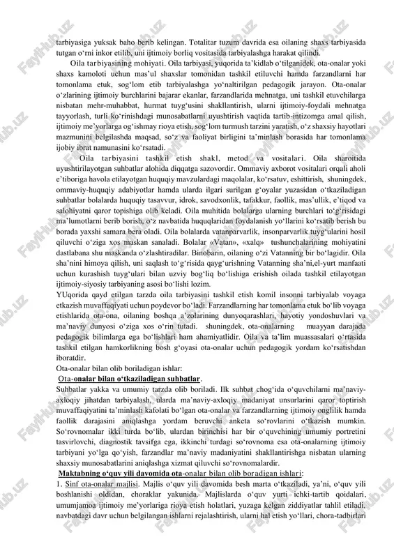 chunonchi, ijtimoiy borliqning oilalar zimmasiga qo‘yadigan talablari ularning manfaatlariga zid bo‘lmasa, aksincha, oilalar farovonligi, tinchligini ta’minlashga yordam bersa, oilalar tomonidan ijtimoiy talablarning qo‘llab-quvvatlanishi, ularning amaldagi ijrosini ta’minlash ko‘rsatkichi shuncha yuqori bo‘ladi. ilmiy-pedagogik, psixologik, fiziologik hamda falsafiy asarlarning tahlili shuni ko‘rsatdiki, oila bola uchun eng asosiy tarbiya muhiti bo‘lib, bu muhitda shaxs kamoloti uchun muhim hisoblangan xulq-atvor, iroda, xarakter va dunyoqarash shakllanadi. bola oila timsolida jamiyatning ijtimoiy- ma’naviy qiyofasini ko‘radi, jamiyat talablari mohiyatini ilk bora shu kichik jamoa orasida, oilaviy munosabatlarni tashkil etish jarayonida anglaydi. oilaviy munosabatlar – ota-onalar yoki bolaning kamoloti uchun mas’ul bo‘lgan shaxslar (buva-buvilar) hamda farzandlar o‘rtasida turli yo‘nalishlarda tashkil etiluvchi munosabatlardir. oilaviy munosabatlar farzandlarning aqliy, ruhiy kamolotini ta’minlab, ota-onalarda o‘ziga xos faollikni ham yuzaga keltiradi. xususan, farzandlarning bevosita ta’siri tufayli ularning qiziqish hamda faoliyatlari doirasi kengayadi, o‘zaro aloqalari mazmunan boyib boradi, real hayot mohiyatini chuqurroq anglash, ya’ni, farzandlar kamoloti, kelajagi timsolida o‘z umri davomiyligini kurish holati ro‘y …