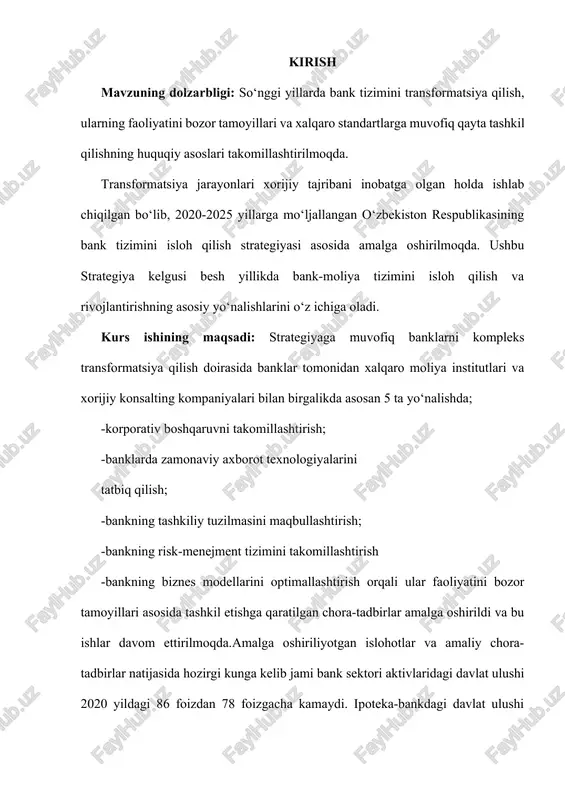 doirasida ham iqtisodiy sohada faol islohotlar amalga oshirilmoqda. xususan, xalqaro amaliyotdan kelib chiqib, ilg‘or bank tizimini joriy etish, sohada raqobat muhitini mustahkamlashga qaratilgan keng qamrovli ishlar olib borildi.yangi tahrirdagi konstitutsiyamizning 41-moddasida bank operatsiyalarining, omonatlarning va hisobvaraqlarning sir tutilishi, shuningdek meros huquqi qonun bilan kafolatlanishi belgilab qo‘yilgani aholi va tadbirkorlarning iqtisodiy xuquqlarining mustahkamlanganidan dalolat beradi.ayni chog‘da bank tizimidagi ochiqlik va shaffoflik aholi va mijozlar uchun katta qulayliklar yaratdi. oxirgi yetti yilda bank-moliya sohasida amalga oshirilayotgan chuqur islohotlar natijasida hozir ular o‘z biznesini boshlamoqchi bo‘lgan ishbilarmonlarga, faoliyatini kengaytirmoqchi bo‘lgan kichik va yirik tadbirkorlarning biznes loyihalarini moliyaviy qo‘llab-quvvatlashga, loyihalarni amaliyotga tadbiq etishda yaqin ko‘makchi, ishonchli hamkor sifatida faoliyat olib borayotir.transformatsiya jarayonining samarali kechishi esa aholi va tadbirkorlarning bank tizimiga bo‘lgan ishonchini ortishiga, bank xizmatlarini ko‘rsatish sifatini oshirish borasida qonunchilikni yanada takomillashtirishga huquqiy asos bo‘ladi. bu esa 2030 yilgacha bo‘lgan davrda barqaror rivojlanish sohasidagi milliy maqsad va vazifalarga erishilishini ta’minlaydi. i bob. moliya va …