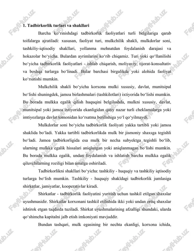 fzalligi shundaki, ularda qo‘shimcha kapitalni jalb etish imkoniyati mavjuddir. bundan tashqari, mulk egasining bir nechta ekanligi, korxona ichida, egadorlarning bilimi, tajribasiga qarab, bir necha ixtisoslashgan sohani tashkil. etish imkonini beradi. lekin tadbirkorlikning bunday tashkiliy-huquqiy shakli kamchiliklarga ega bo‘lib, ular quyidagilarda namoyon bo‘ladi: har bir shirkat ishtirokchisi o‘zining qo‘shgan hissasidan qatiy nazar. bir xil javobgarlikka ega. bundan tashqari bir sherikning harakati qolgan sheriklar uchun, agar ular bunga qarshi bo‘lsalarda, majburiy bo‘lishi mumkin. shirkatlar mas’uliyati cheklanmagan va mas’uliyati cheklangan ikki guruhga bo‘linadi. jamiyatlar, kamida ikki fuqaro yoki huquqiy shaxs tomonidan, ularning mablag‘larini birlashtirish orqali (pul yoki natura ko‘rinishida) xo‘jalik yuritish faoliyatini amalga oshirish maqsadida tuziladi. mas’uliyati cheklangan jamiyat a’zolari uning majburiyatlari bo‘yicha javobgar hisoblanmaydi. ular faqat o‘zlari qo‘shgan hissalari qiymati doirasida javobgardirlar. bulardan farqli o‘laroq, qo‘shimcha masuliyatli jamiyat a’zolari o‘zlarining barcha mulklari bo‘yicha javobgar hisoblanadilar. tadbirkorlikning eng ko‘p tarqalgan ko‘rinishi aksiyadorlik ja-miyatidir. ularning farqi shundaki, ularga qimmatli qog‘oz - aksiya chiqarish yo‘li …