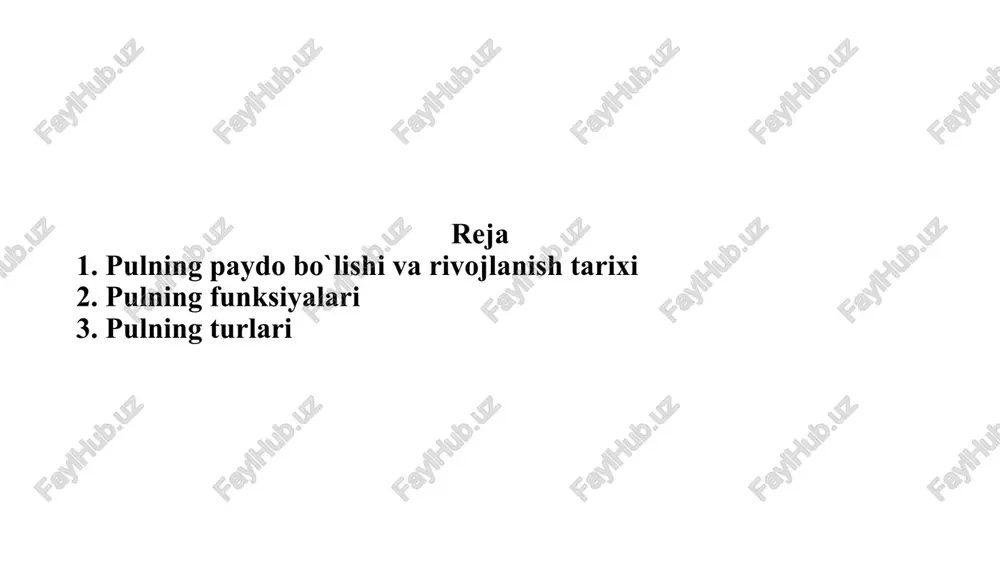 va hayot kechirish tarzi rivojlanganligi natijasida, ikki tomonloma ayirboshlash munosabatlari vujudga kela boshladi. bu davrda, kishilarda o'ziga zarur bolmagan buyumning o‘rniga nimadir olish evaziga, ikkinchi kishiga berish lozimligini anglay boshladilar. o'sha davrdagi ayirboshlash munosabatlarini faollashishiga asosiy omillar sifatida quyidagilami keltirish mumkin: • ishlab chiqarishning natural xo`jalik shaklidan tovar ishlab chiqarish davriga otishi; • ishlab chiqaruvchi subyektlarning bir-biriga o'zaro bogliqligining vujudga kelishi; • ayirboshlash jarayonida tovarlar ekvivalentligining ta’minlanganligi. pulning qiymat shakllari asosan beshta ko'rinishdan iboratligi e’tirof etilib, ular quyidagilardan iborat: qiymatning oddiy shakli. qiymatning ushbu shakli natural xo'jalik tuzumiga xos bolib, mahsulotlaming ortiqchaligi vaqti-vaqti bilan vujudga kelgan sharoitda amal qilgan. qiymatning oddiy shaklida ishlab chiqarish hajmining pastligi, yaratuvchi va oluvchining manfaatlari doimo ham bir-biriga mos kelmagan ayirboshlash jarayonida malum tovarlargina ishtirok etgan. masalan, bir qop don = bitta qo‘yga almashilgan va h.k. asosiy maqsad tovarning qiymati emas, balki uning iste’mol qiymatiga qaratilgan. qiymatning kengaytiriigan shakli. qiymatning kengaytirilgan shakli jamiyatda mehnat taqsimotining …