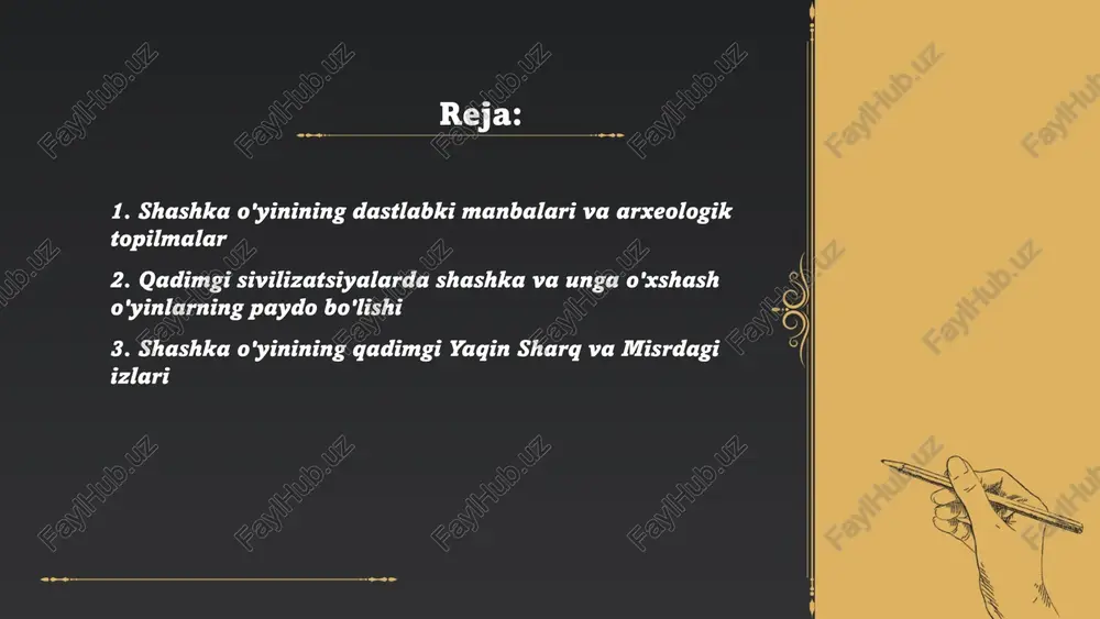 ing rivojlanishiga ta'sir ko'rsatgan. ... t.me/slaydai_bot antik davrda shashka va slavyan o'yinlarining o'zaro ta'siri rim va byzantiyadan boshlangan. miloddan avvalgi 1‑asrdan antik latrunkuli va keyinchalik alquerque elementlari 7–10 asrlar orqali savdo va harbiy yo'llar bilan xalqaro almashinuvda slavyan hududlariga yetdi. taxt o'lchamlari, figura harakatlari va zarbali strategiyalar o'zgardi. 9–12 asrlarda varangian va bizans aloqasi, arxeologik topilmalar va ruknli qoida yozuvlari orqali mahalliy shashka variantlari shakllandi. shashka o'yinining kelib chiqish tarixi va rivojlanish bosqichlari rustamova dilshoda e'tiboringiz uchun raxmat! image1.png image2.png image3.jpg presentation theme od . soy let’s jump in! ==> aa /docprops/thumbnail.jpeg