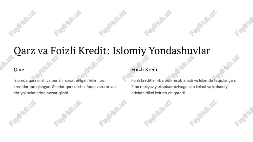 ashshoqlik, iqtisodiy tengsizlik va jamiyatda adolatsizlikni kuchaytiradi. yechimlar islom ribaga alternativa sifatida foizsiz moliya tizimini taklif qiladi, masalan, mudaraba, musharaka va ijara. 6 qarz berish va olishning islomiy tamoyillari 1 niyat qarz berish va olishda niyat toza bo'lishi kerak. bu xayriya, yordam yoki biznes maqsadlari uchun bo'lishi mumkin. 2 shartnoma qarz shartnomasi yozma shaklda tuzilishi va ikkala tomon tomonidan imzolanishi kerak. 3 qaytarish qarzdor qarzni o'z vaqtida va to'liq qaytarishga majburdir. 4 adolat qarz shartnomasi adolatli bo'lishi kerak va hech qanday foiz yoki ortiqcha to'lovlar bo'lmasligi kerak. 7 qarzdorlik va bankrot: islomiy iqtisodiy yondashuvlar 1 qarzdorlik islomda qarzdorlik jiddiy muammo deb hisoblanadi va qarzdorlarga qarzni to'lashga yordam berishga harakat qilinadi. 2 bankrotlik bankrotlik holatlarida qarzdorning mol-mulki qarzni to'lash uchun sotiladi va qolgan qarzi kechiriladi. 3 yordam islom jamiyatida qarzdorlarga moliyaviy yordam berish va ularni qayta tiklashga yordam berish tizimlari mavjud. 8 moliya bozorlarida qarz muammolari: islomiy yechimlar 1 foiz foizsiz …