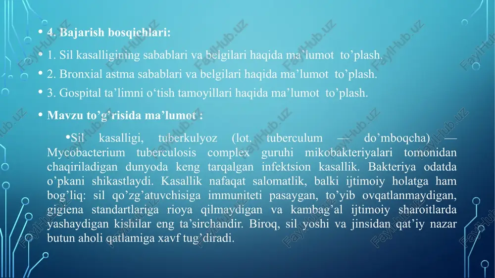 b bormoqda. 2007-yilda asosan rivojlanayotgan mamlakatlarda surunkali faol tuberkulyozning 13,7 million hollari qayd qilinishi, 9,3 million yangi kasallanish hollari va 1,8 million o’lim hollari hisoblangan. bundan tashqari, rivojlangan mamlakatlarda insonlar tuberkulyoz bilan tobora ko’proq infektsiyalanmoqda, chunki ularning immun tizimi immunosupressiv preparatlar qabul qilish natijasida zaiflashib bormoqda, ayniqsa oiv-infektsiyalarda. sil kasalligi butun dunyo bo’ylab teng ravishda tarqalmagan. ko’pchilik osiyo va afrika mamlakatlari aholisining taxminan 80%da tuberkulinli sinov ijobiy natija beradi. solishtirish uchun aqsh aholisi orasida bu ko’rsatkich 5-10% ni tashkil etadi. jahon sog’liqni saqlash tashkiloti bergan ma’lumotlarga ko’ra, 2015-yilda dunyoda 10,4 millionga yaqin tuberkulyoz bilan kasallanish hollari qayd etilgan. ulardan 5,9 millioni (56%) erkaklarga, 3,5 millioni (34%) ayollarga va 1,0 millioni (10%) bolalarga to’g’ri keldi. oiv bilan infektsiyalangan bemorlar 1,2 millionni (11%) tashkil etdi. jsst kasallik haqida bergan ma’lumotlga ko’ra, 2015-yilda sil tufayli 1,4 million bemorning o’limi qayd etildi, ular ichida 0,4 millioni oiv bilan aloqador edi. tuberkulyoz bilan kasallanish noqulay …