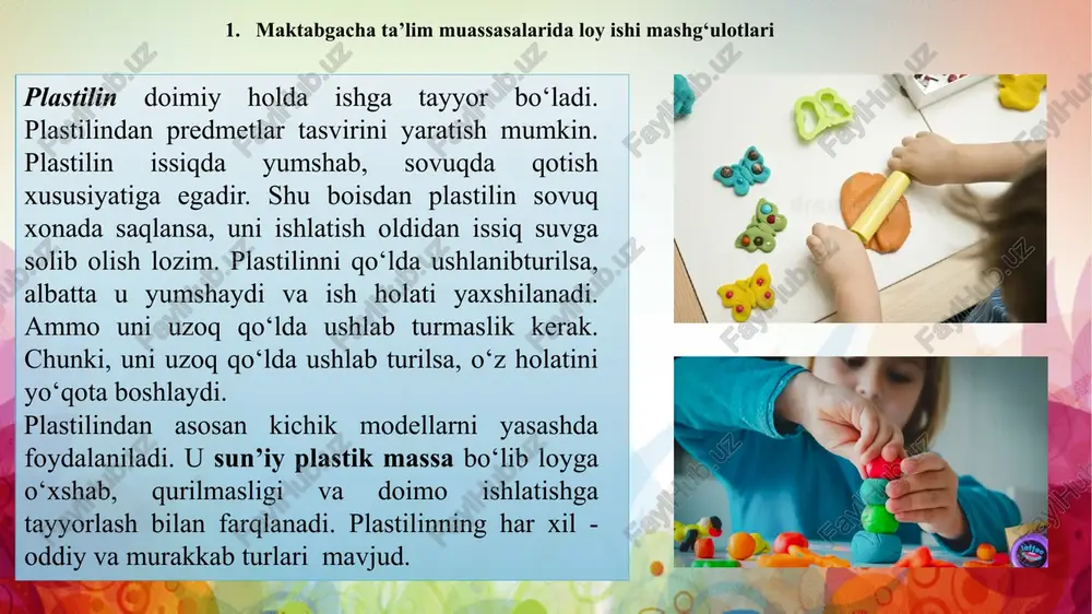hg‘ulotlar jarayonida bolalar o‘z qiziqishlari va ehtiyojlariga mos mavzularni tanlaydi, muammolarni aniqlash va ularni yechish yo‘llarini topish bilan shug‘ullanadi. loyihaviy ishlar bolalarga turli vositalar va materiallar bilan ishlash imkonini beradi, ularning qo‘l mehnati, tasavvur va ijodiy tafakkurini rivojlantiradi. shu bilan birga, bolalar jamoaviy ishlashni, muloqot qilishni, fikr almashishni o‘rganadilar, bu esa ularning ijtimoiy ko‘nikmalarini mustahkamlaydi. loyihaviy mashg‘ulotlar orqali bolalar o‘z ishini rejalashtirish, vazifalarni bosqichma-bosqich bajarish va natijani baholash tajribasini egallaydi. natijada, bunday mashg‘ulotlar bolalarning nafaqat bilim va ko‘nikmalarini, balki mustaqillik, mas’uliyat va ijodiy qobiliyatlarini rivojlantirishga xizmat qiladi. z 2. maktabgacha ta‘lim tashkilotlarida loy mashg’ulotlarining mazmuni maktabgacha yoshdagi bolalar bilan olib boriladigan loy ishi mashg’ulotlarida quyidagi o’quv-tarbiyaviy vazifalar hal etilishi nazarda tutiladi. z bolalarni borliqdagi buyumlarni hajmi va boshqa parametrlarini ko’rish va his qilish (qo’l barmoqlari orqali)ga o’rgatish. berilgan mavzuga mos tasvir (buyum) yasash malakalarini shakllantirish. jamoa bo’lib ishlash ko’nikmalarini tarbiyalash vositasida bolalarda kommunikativlik kompetentsiyalarining dastlabki elementlarini tarkib toptirish. tasviriy faoliyat …