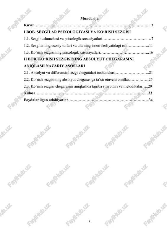 larni amaliyotda qo‘llash imkonini beradi. bu jarayon shuningdek, inson sezgi organlarining individual xususiyatlarini aniqlash, yosh, sog‘lik holati va boshqa omillarning sezgi qobiliyatiga ta’sirini o‘rganishda ham qo‘llaniladi. ko‘rish sezgisining absolyut chegarasini aniqlash va natijalarni psixologik jihatdan tahlil qilishdan iborat. [1: abdullaeva, n. sezgi va idrok psixologiyasi. samarqand samarqand davlat universiteti nashriyoti, 2019.] mavzuning dolzarbligi ko‘rish sezgisi insonning atrof-muhit bilan samarali bog‘lanishida asosiy rol o‘ynaydi. hozirgi davrda inson faoliyati tobora murakkablashib borayotgani, turli texnologik va kasbiy jarayonlarda vizual ma’lumotlarga bo‘lgan ehtiyoj ortib borayotgani sababli ko‘rish sezgisining xususiyatlarini chuqur o‘rganish dolzarb ahamiyat kasb etadi. sezgi chegaralarini, xususan, ko‘rish sezgisining absolyut chegarasini aniqlash insonning individual vizual qobiliyatlarini aniqlash, ishlash va o‘qish sharoitlarini optimallashtirish, xavfsizlikni ta’minlash uchun zarurdir. ko‘rish sezgisining absolyut chegarasini aniqlash psixologiyada sezgi organlari bilan bog‘liq kasalliklarni, yoshga bog‘liq o‘zgarishlarni va tashqi sharoitlarning inson qobiliyatiga ta’sirini o‘rganish imkonini beradi. ilmiy tadqiqotlar shuni ko‘rsatadiki, har bir insonning vizual sezgi qobiliyati individual xususiyatlarga ega bo‘lib, …